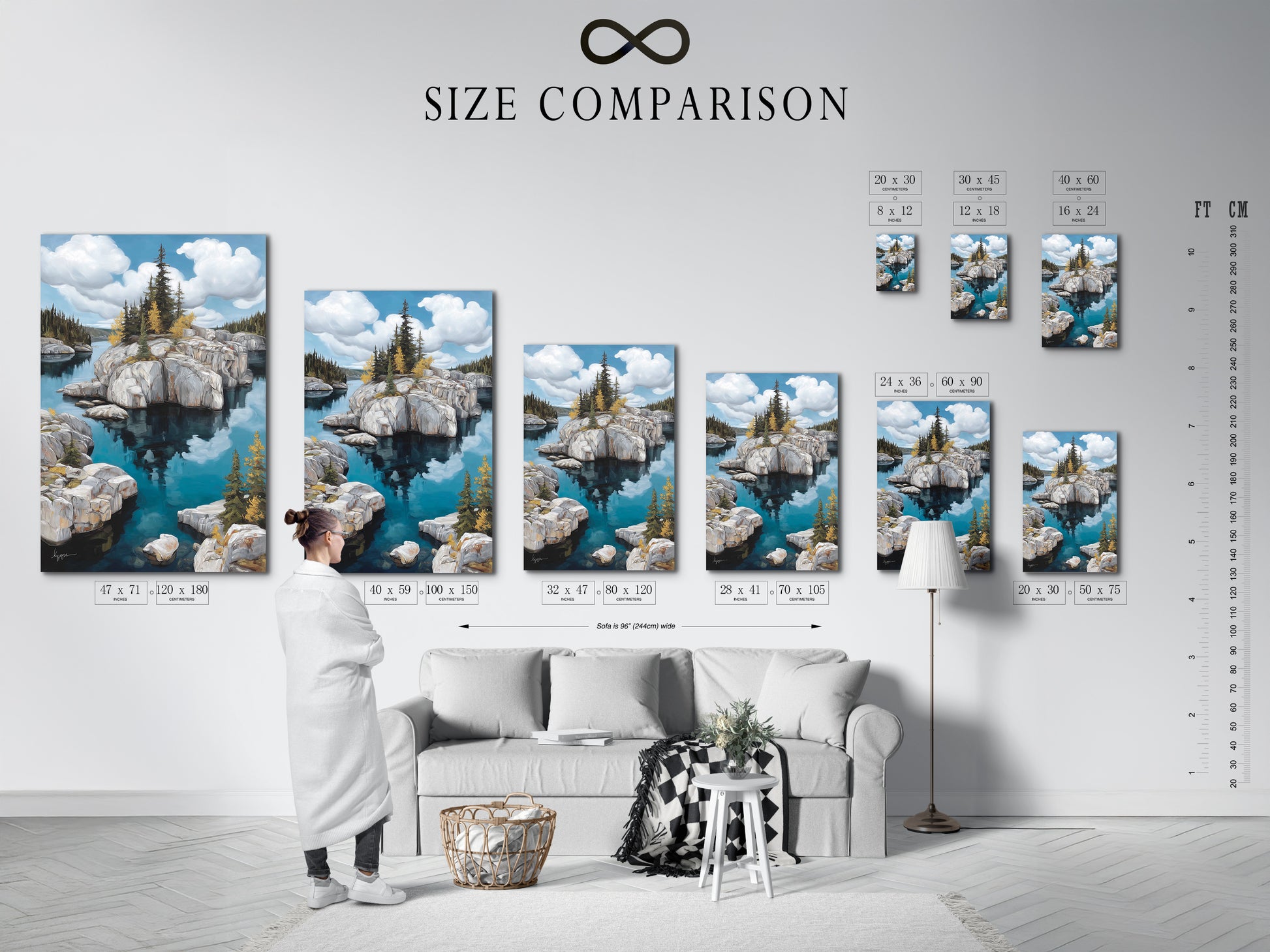 Explore the size comparison chart in an interior setting. Visualize how the lake landscape canvas print fits in your space. The chart helps you choose the perfect size. Enhance your home decor with this tranquil art.