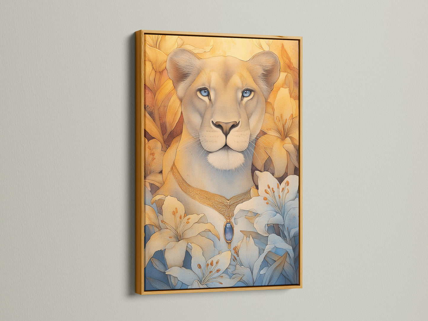 Lioness Portrait Canvas Art in a gold frame. This art is ideal for interior stylists. It enhances studios lobbies and boutiques. A perfect blend of floral and wildlife elements. This big cat artwork is a must-have. Explore our collection today