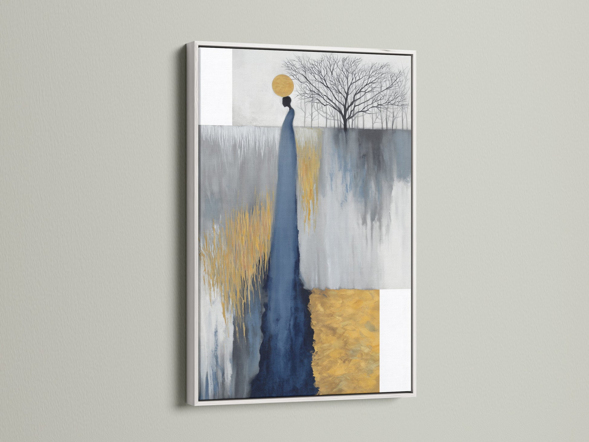 This image highlights an abstract figure canvas print. It's encased in a white frame. The artwork uses a palette of grey blue and gold. Its modern design makes it a versatile choice for minimalist decor. Perfect for creating a sophisticated atmosphere in hallways and waiting rooms.
