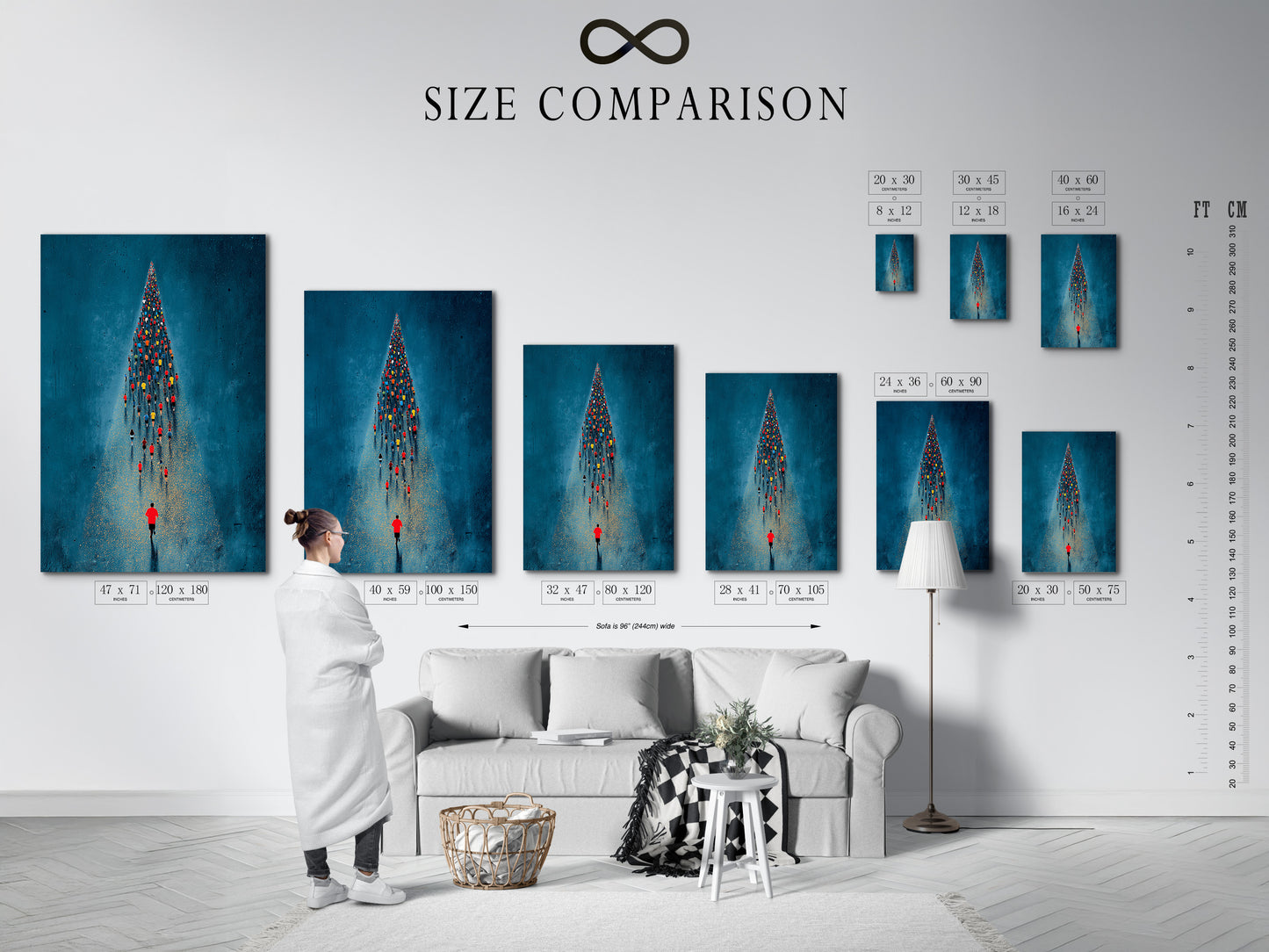 A size comparison chart is displayed in an interior setting. Showcasing the different sizes available for the aerial swimmers artwork. This chart helps visualize how the artwork will fit in your space. Available as a stretched canvas print or fine art poster paper. Perfect for any homeowner renter or business owner.