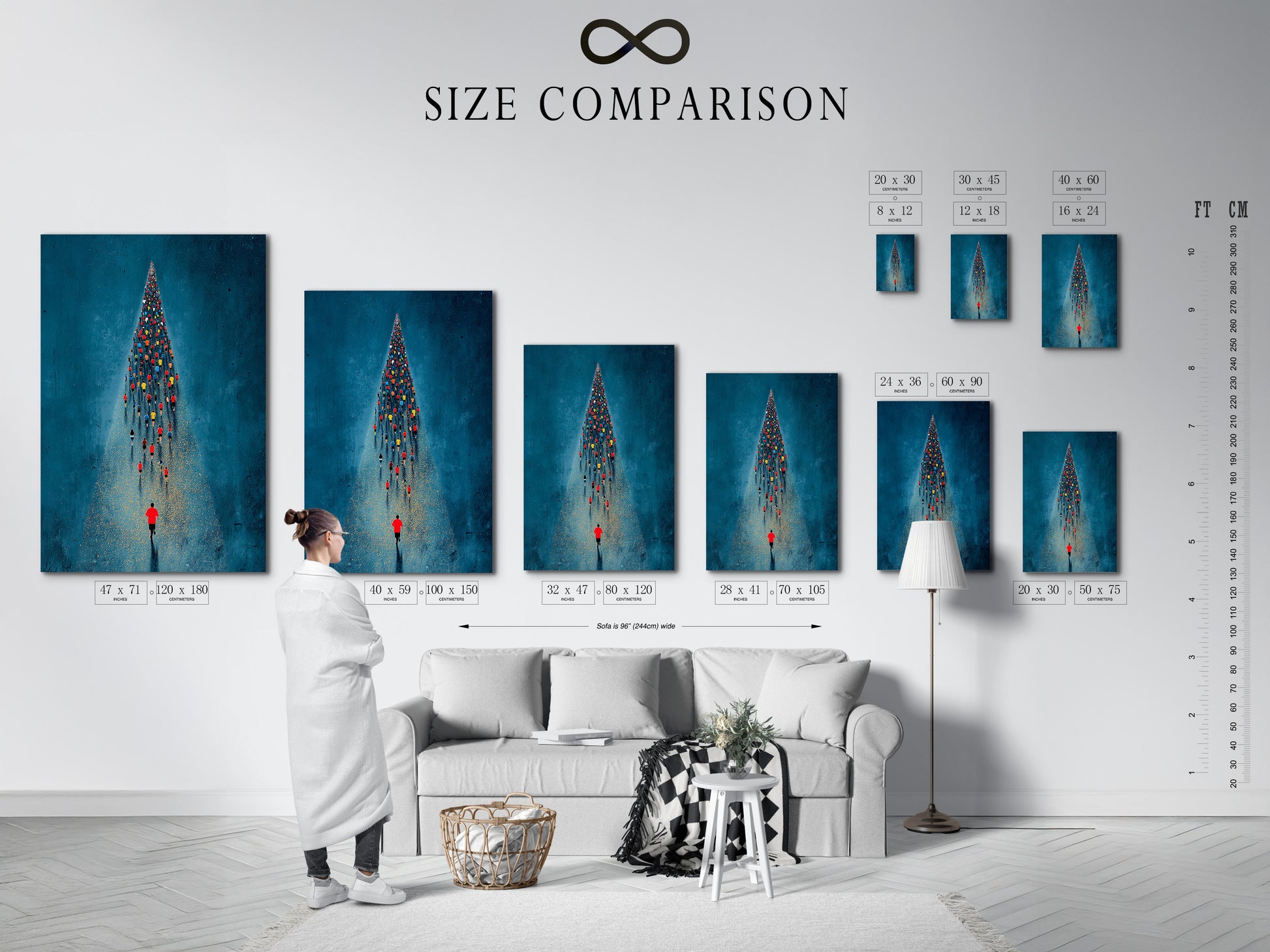A size comparison chart is displayed in an interior setting. Showcasing the different sizes available for the aerial swimmers artwork. This chart helps visualize how the artwork will fit in your space. Available as a stretched canvas print or fine art poster paper. Perfect for any homeowner renter or business owner.