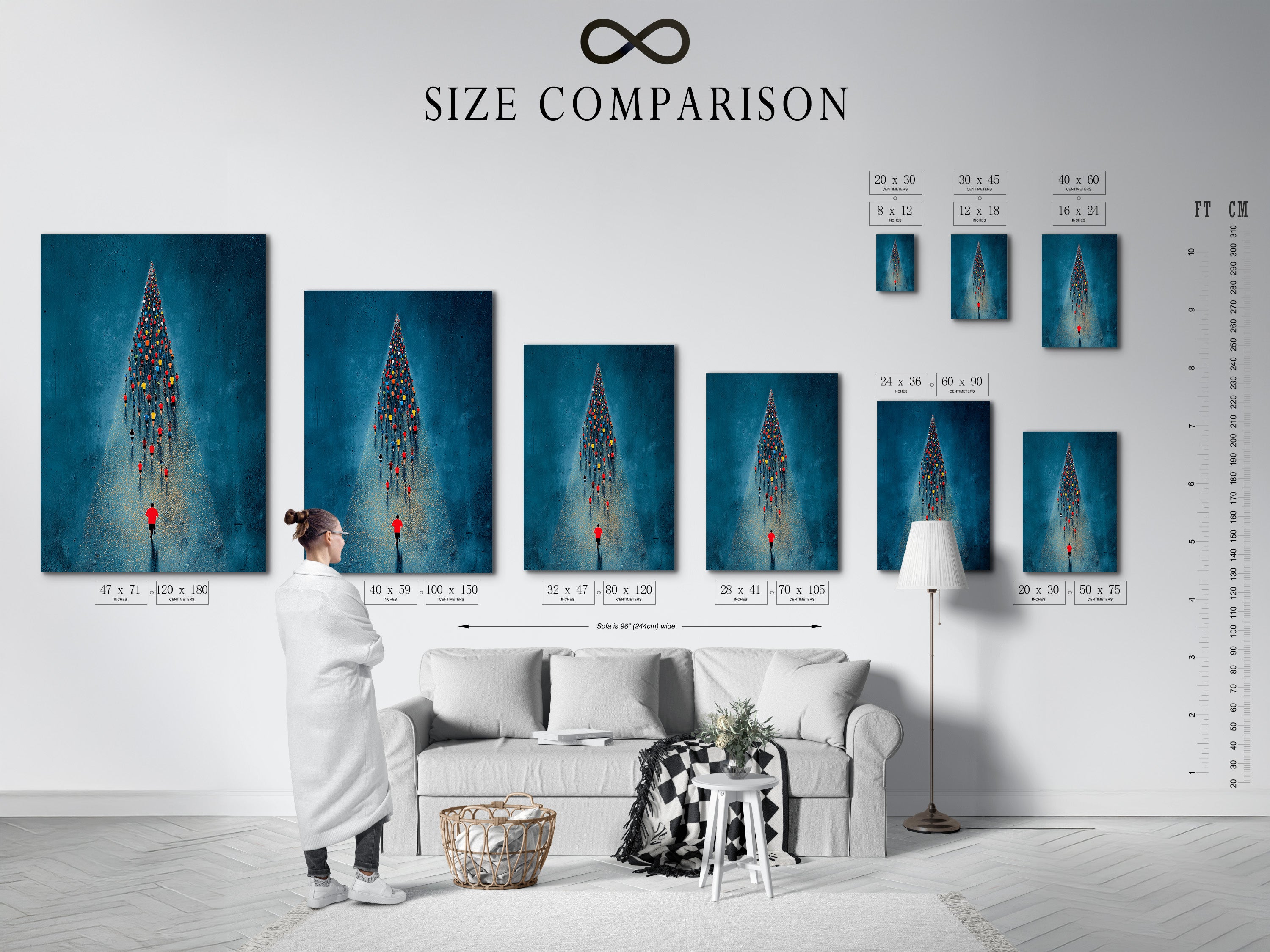 A size comparison chart is displayed in an interior setting. Showcasing the different sizes available for the aerial swimmers artwork. This chart helps visualize how the artwork will fit in your space. Available as a stretched canvas print or fine art poster paper. Perfect for any homeowner renter or business owner.