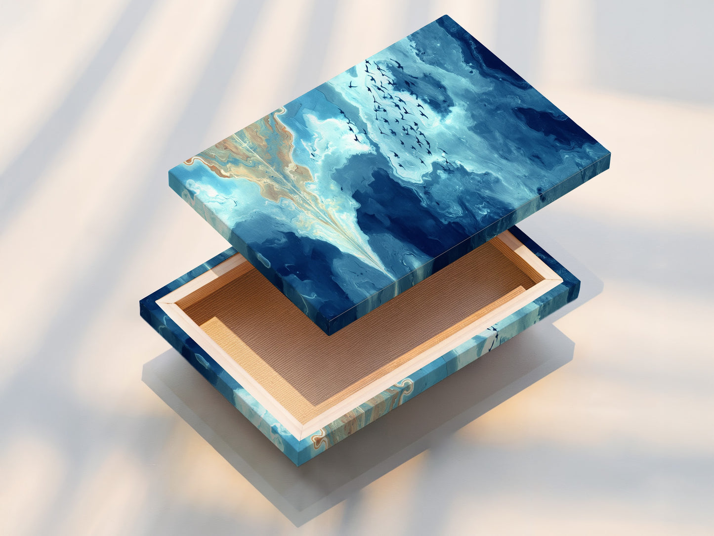 A stretched canvas print displays an abstract seascape. Teal sky and birds create a calming scene. Ideal for modern wall art in any room. The stretched canvas offers a gallery-ready look. Elevate your decor with this serene and nature inspired artwork.