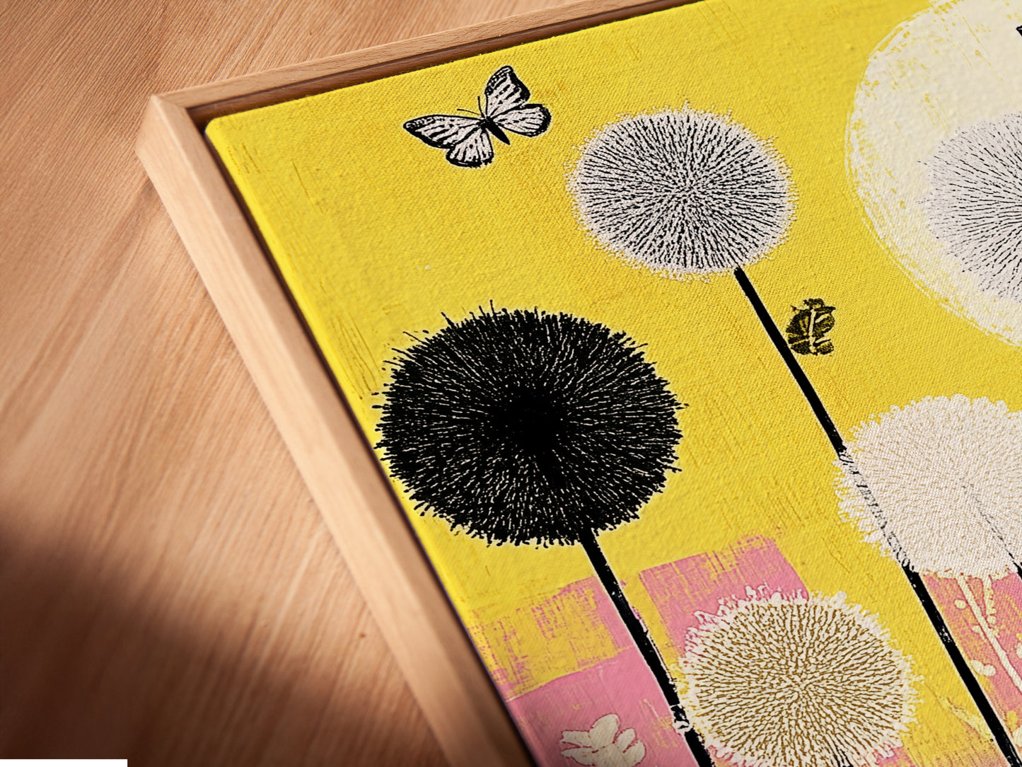 A close-up angled view of the cat garden artwork in a floating frame. The playful feline poster features yellow and pink floral accents. This is perfect for adding a modern touch to kids room decor. The floating frame enhances the artwork's visual appeal.