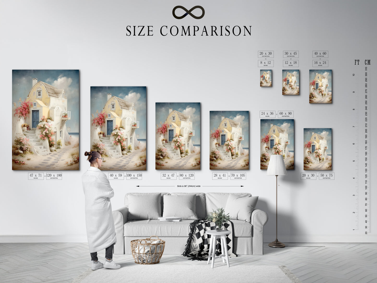 A size comparison chart displayed in an interior setting. The chart illustrates available sizes for coastal artwork including Mediterranean house canvas prints. This helps you choose the perfect sea view print for your living room wall art and bedroom wall decor.