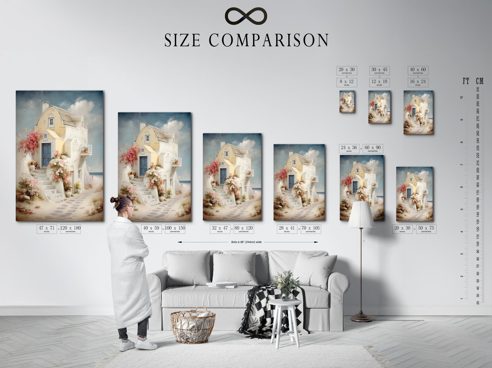 A size comparison chart displayed in an interior setting. The chart illustrates available sizes for coastal artwork including Mediterranean house canvas prints. This helps you choose the perfect sea view print for your living room wall art and bedroom wall decor.