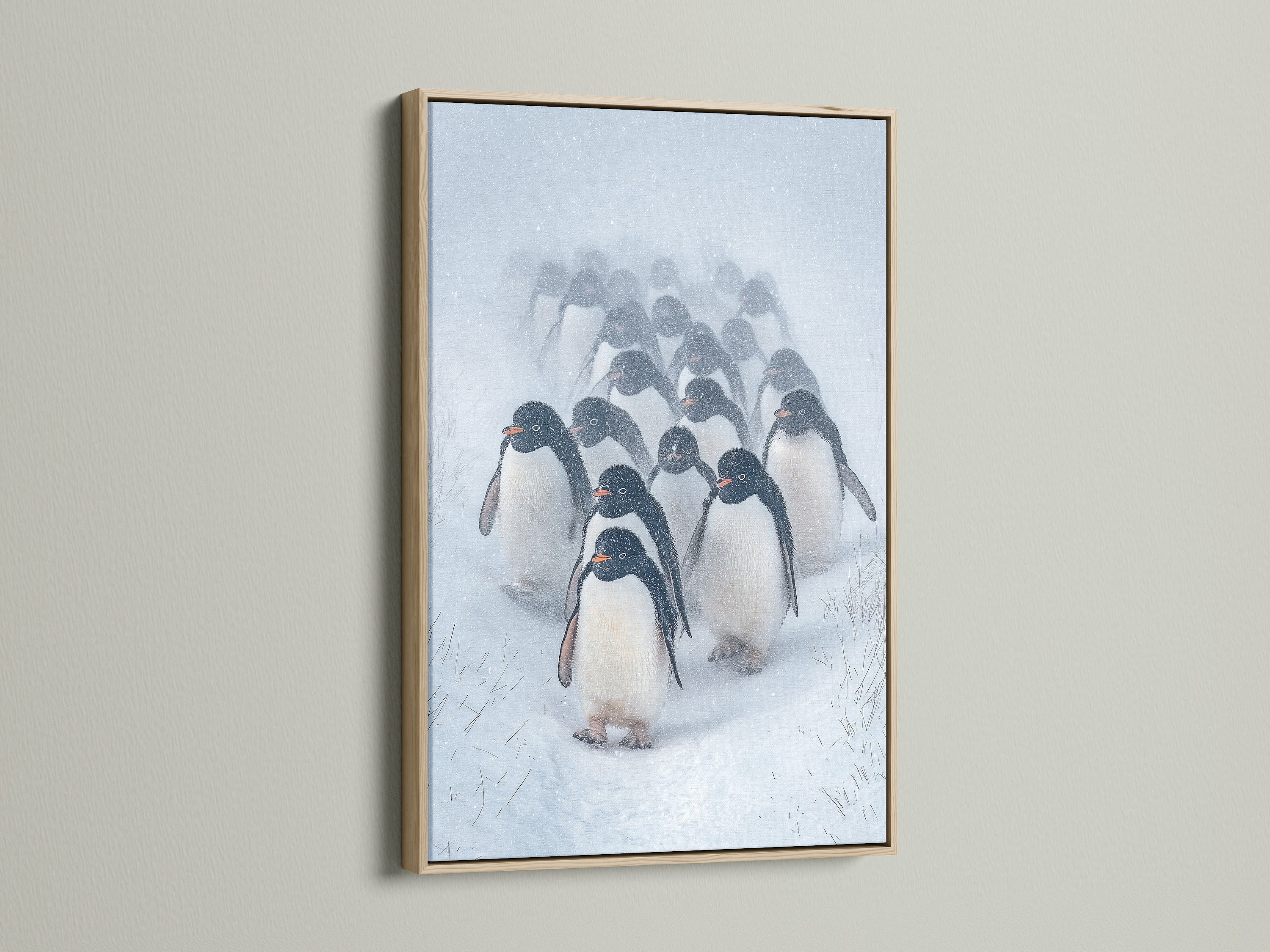 Bring coastal charm with this penguin artwork. The oak frame complements the Antarctic print beautifully. Ideal as animal wall art for a nursery or any room. Its black and white tones create a serene winter scene.