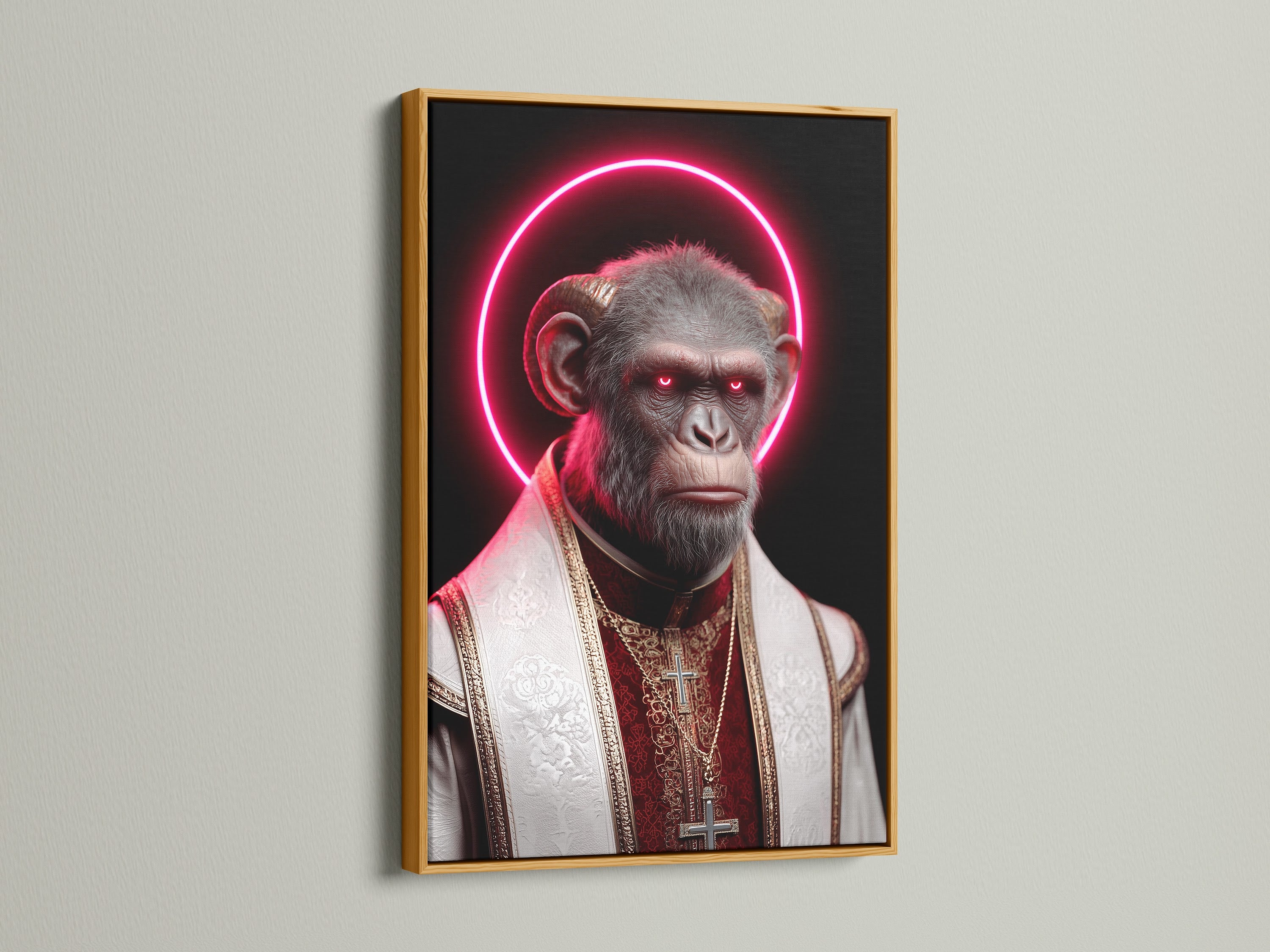 A 'Pope Monkey' artwork is displayed in a gold frame. The neon art print glows. The gold frame adds a touch of elegance to the satirical artwork. This frame enhances the modern wall decor. It is perfect for a unique animal portrait art display.
