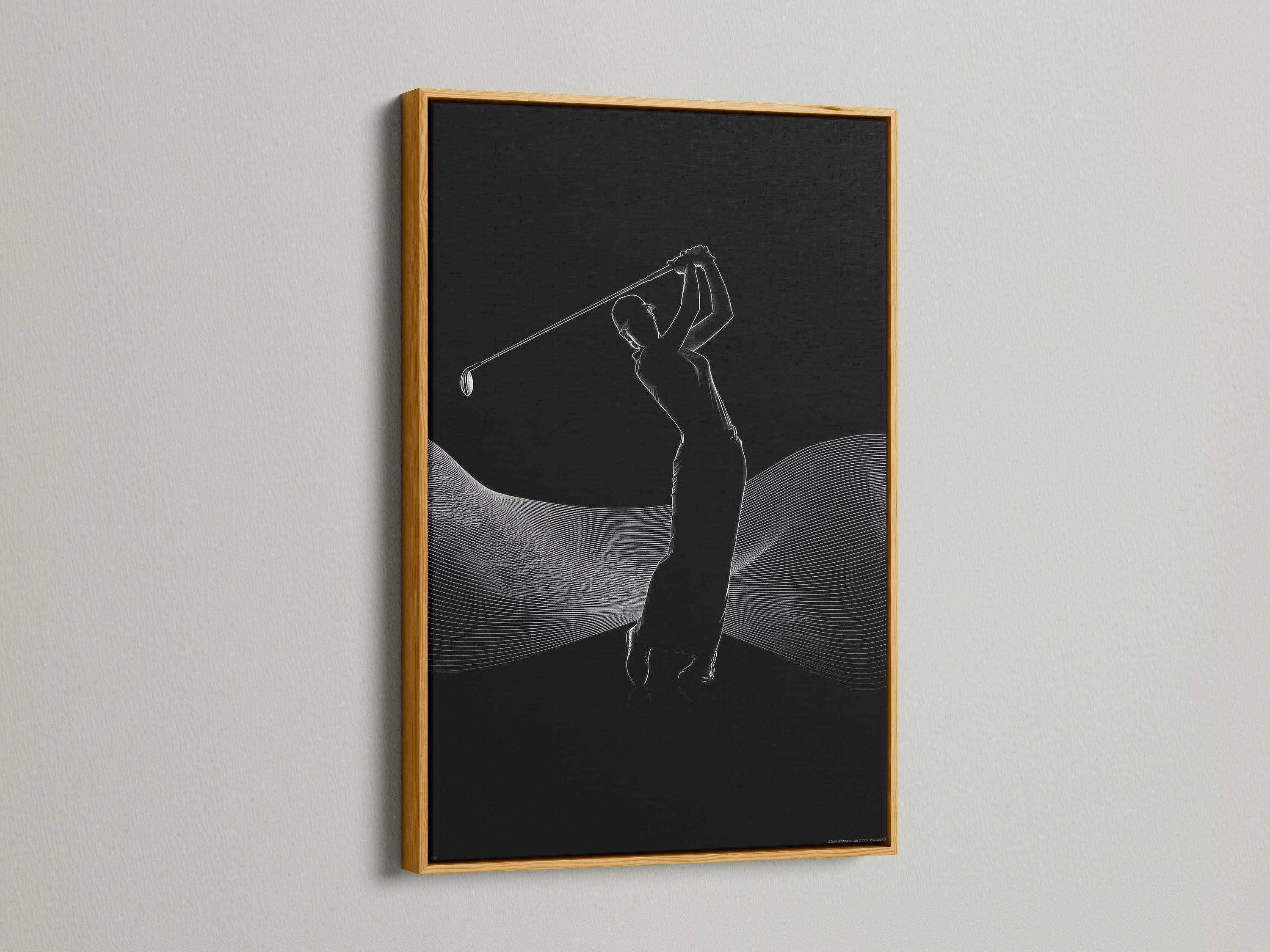 Add a touch of elegance with this golf artwork in a gold frame. The golfer silhouette is a minimalist masterpiece. It is perfect for a golf enthusiast's collection. It makes an excellent gift for any golf lover.