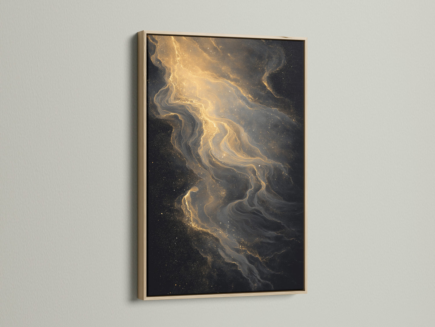 A framed artwork with an oak frame hangs on a wall. The artwork features a captivating abstract art with gold and black ink patterns. The oak frame adds a touch of natural warmth. Elevate your interior with this stylish piece.