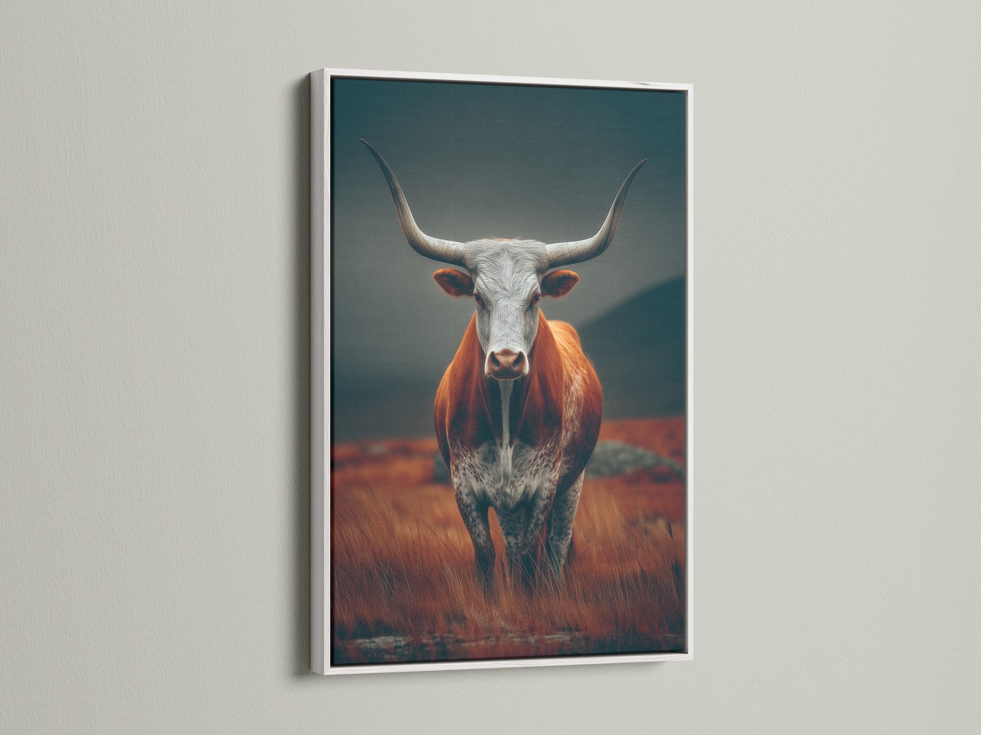 A white frame enhances this Highland Bull artwork creating a clean and modern look. The Scottish Cow print adds a touch of rustic charm to any space. The bright white frame makes the artwork pop bringing life to any room