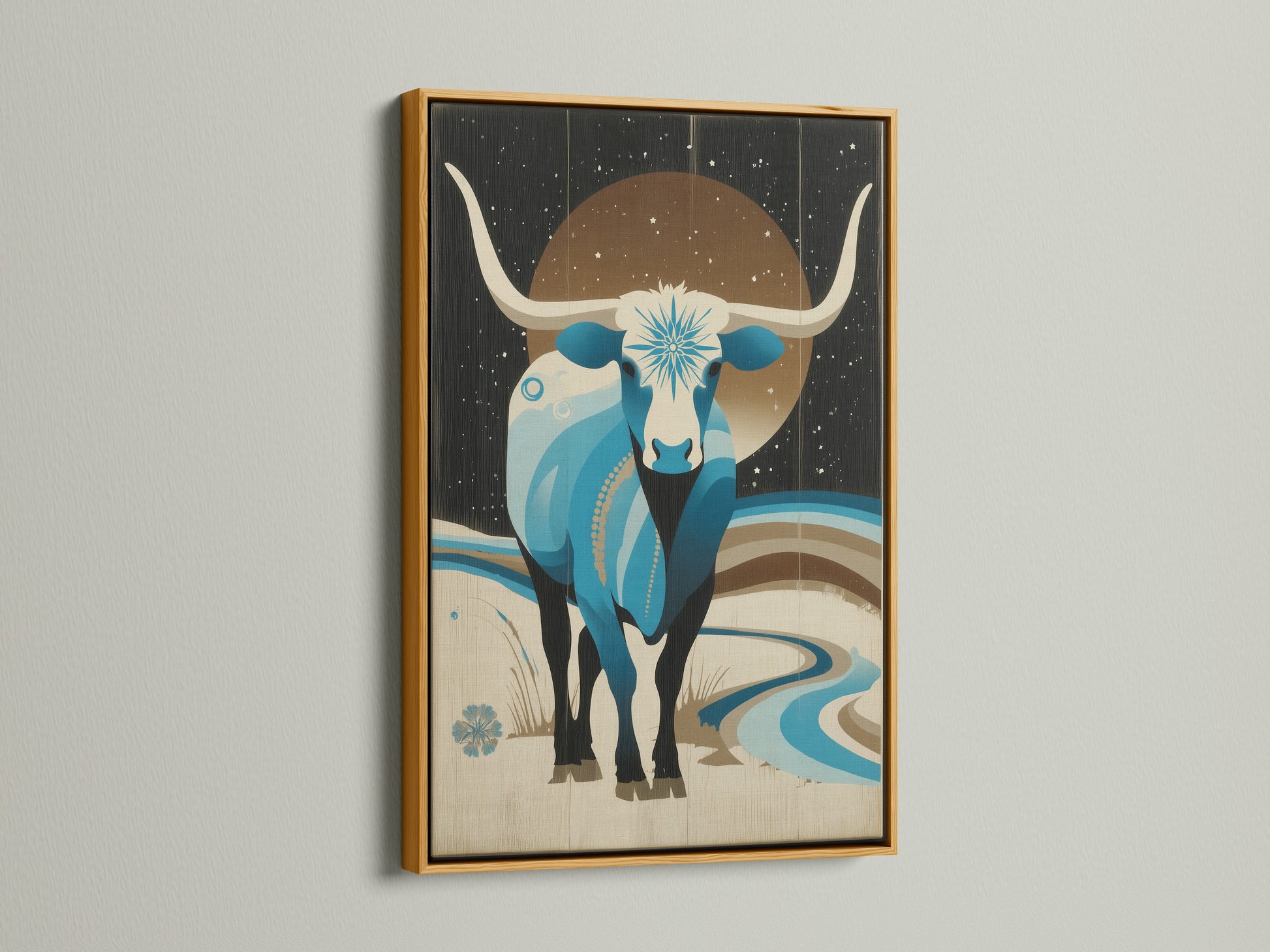 The Celestial Bull artwork displayed in a gold frame. This moon phase art adds a touch of magic. A perfect piece of mystical artwork. Ideal as bedroom wall decor. Get your zodiac canvas print today and elevate your home.