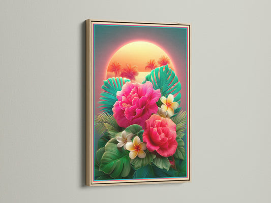 Tropical flower art in an oak frame hangs on a white wall. The sunset background complements the pink hibiscus and plumeria. The frame enhances the artwork. Discover how an oak frame can elevate your space. Shop now to find your style.