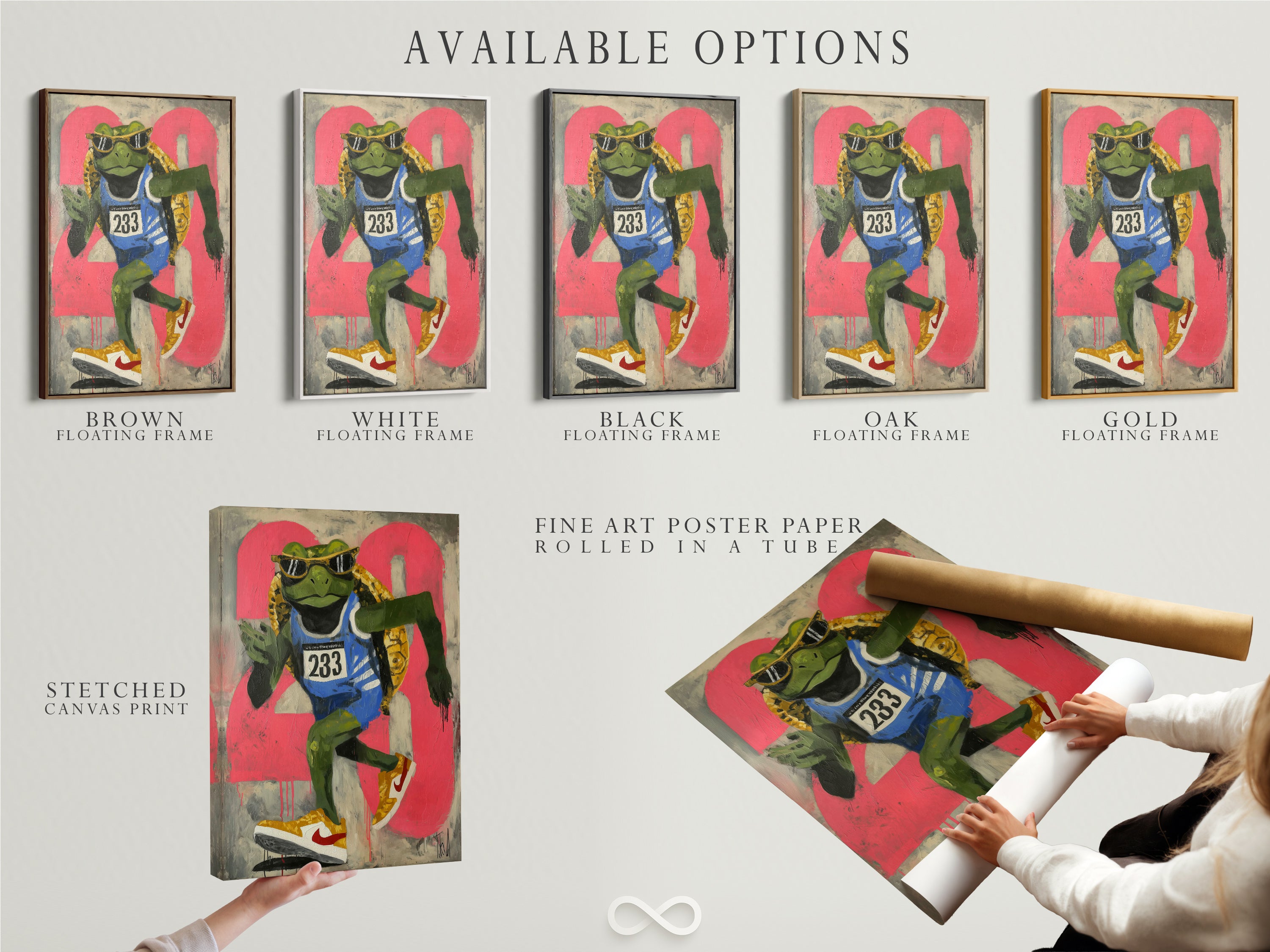Available options include a stretched canvas print a fine art poster paper and a floating frame. Choose the perfect format for your frog runner artwork. This urban street art canvas adds a unique touch. Perfect for teen room decor and fitness motivation. Retro sports art for any space.