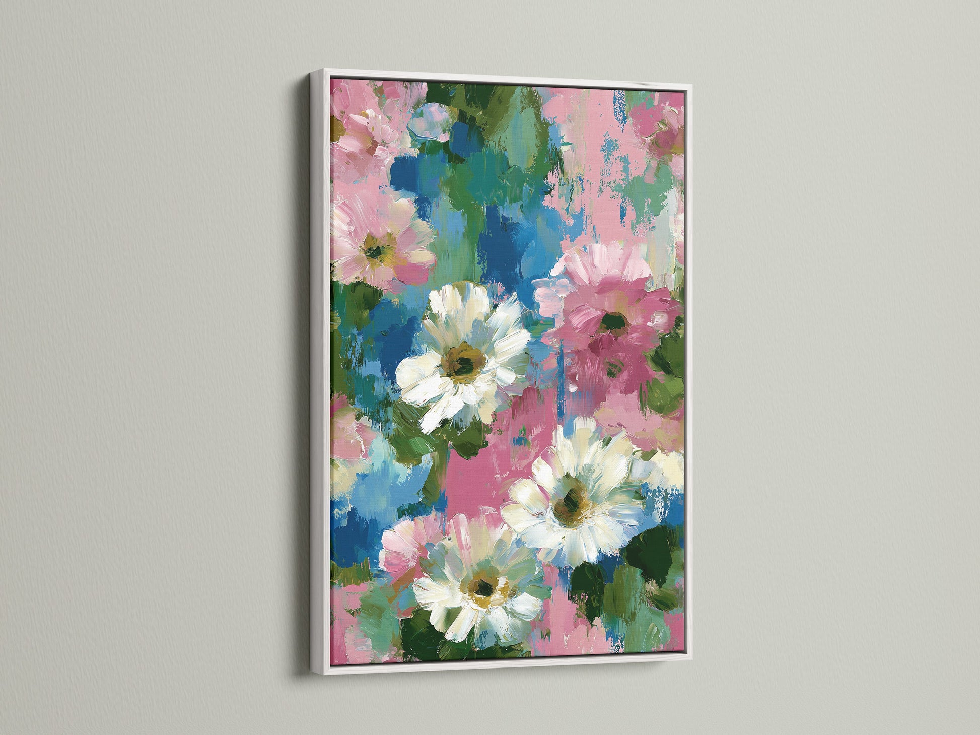 Floral canvas artwork with a white frame. This pink and blue flower wall art is perfect for bedroom wall decor. The impressionist botanical artwork offers a serene touch. Ideal for nurseries and studios. This daisy art print complements contemporary styles. Bring spring wall art into your home. Abstract flowers add a fresh aesthetic. Shabby chic art for a refined look.
