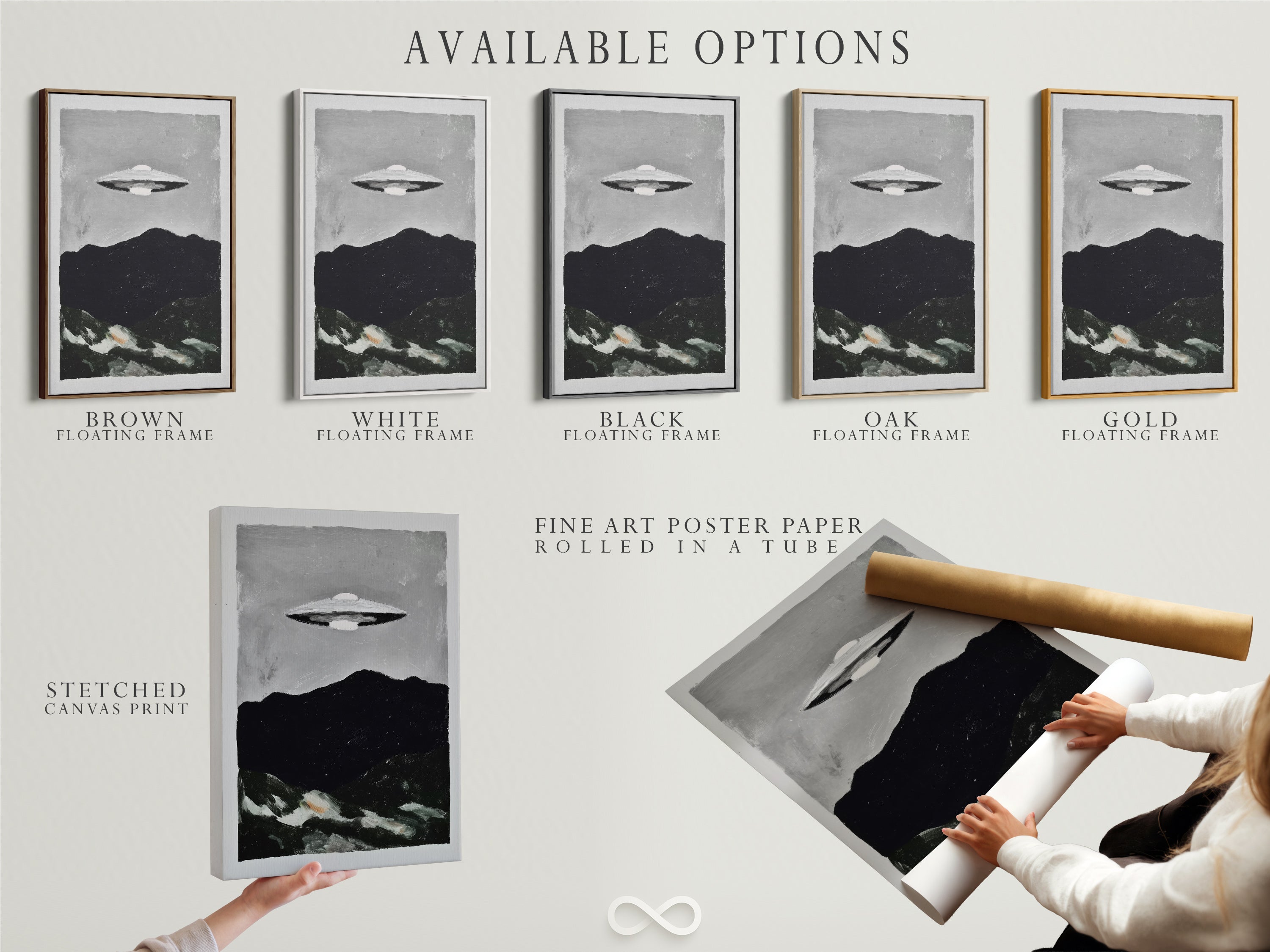 Available options for the UFO Sci-Fi art print include a stretched canvas print fine art poster paper and a floating frame. Choose the perfect option to match your style. Elevate your space with extraterrestrial art.
