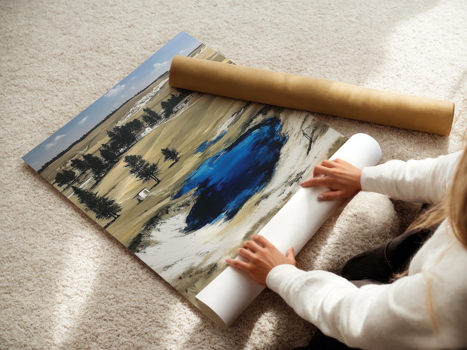 A woman is carefully rolling a fine art poster paper print of Wyoming landscape artwork. The Grand Prismatic Springs Yellowstone National Park poster is ideal for home decor. Nature wall art fits rustic farmhouse neutral or nature-inspired styles. Perfect for offices and libraries.