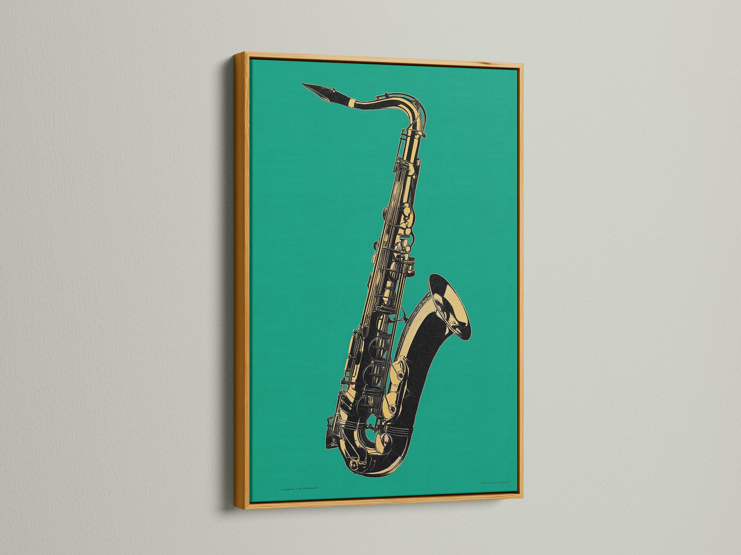 Add a touch of luxury with this saxophone artwork in a gold frame. The teal green and gold create a stunning contrast. This jazz canvas art elevates any space. It's perfect for music room decor. Explore our emerald green art collection today.