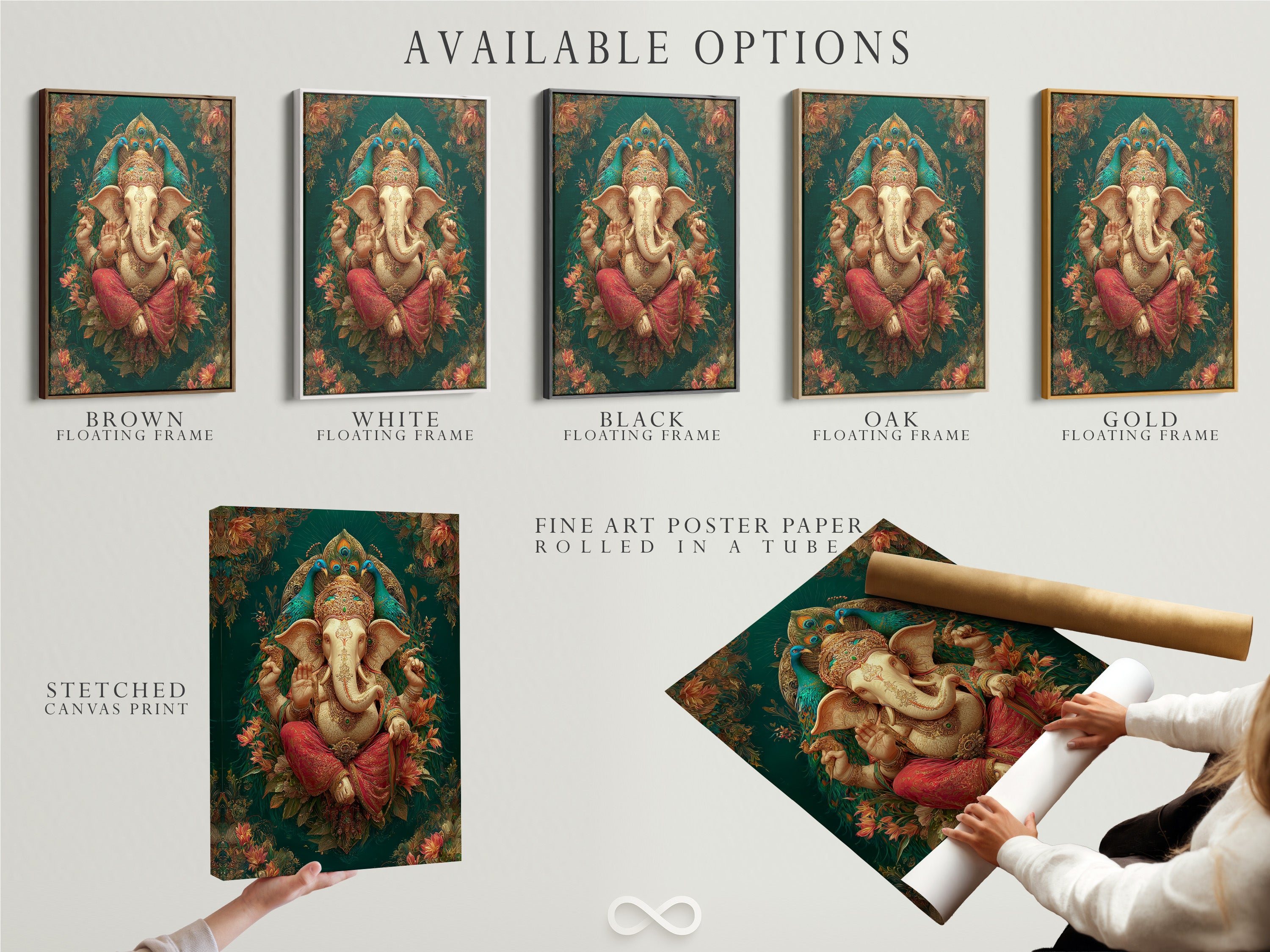 Available options for Ganesha Wall Art. Choose from stretched canvas prints fine art poster paper or a floating frame. This Hindu artwork features a spiritual elephant god. The teal and gold colors add elegance. Find the perfect piece for your space.