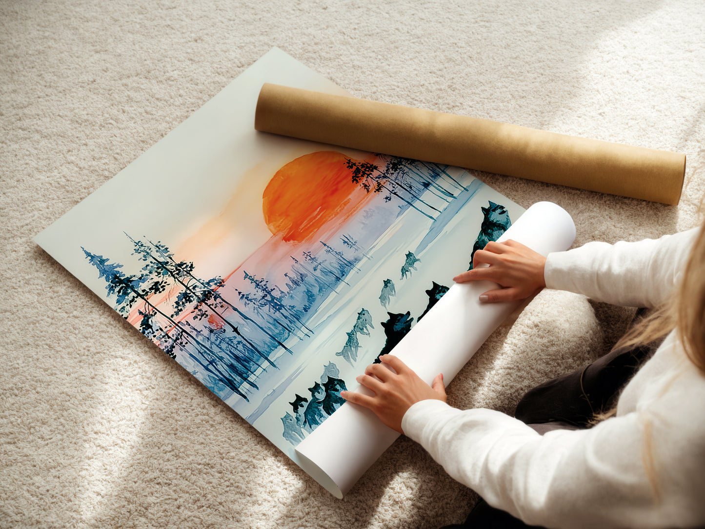 A woman is carefully rolling a fine art poster paper. The artwork features a wolf pack in a winter forest. The teal blue landscape is perfect for cabin decor. Ideal for art enthusiasts.