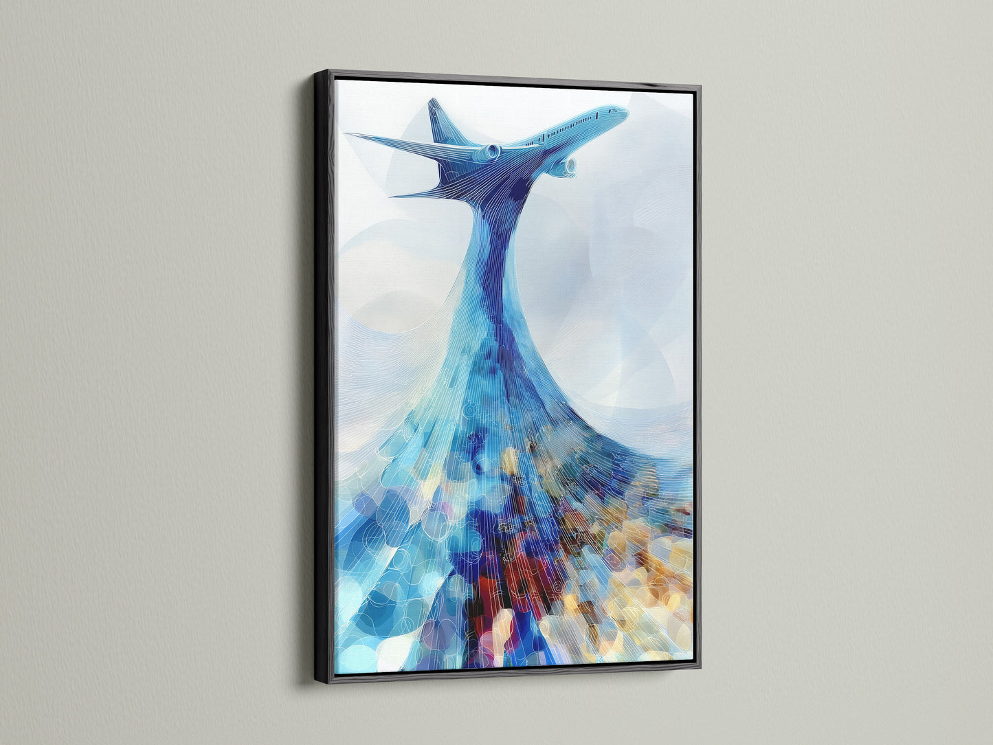 Abstract airplane artwork in a black frame. This aviation-themed art print is perfect for modern spaces. Teal blue and beige colors create a travel vibe. A great addition to any office wall decor.