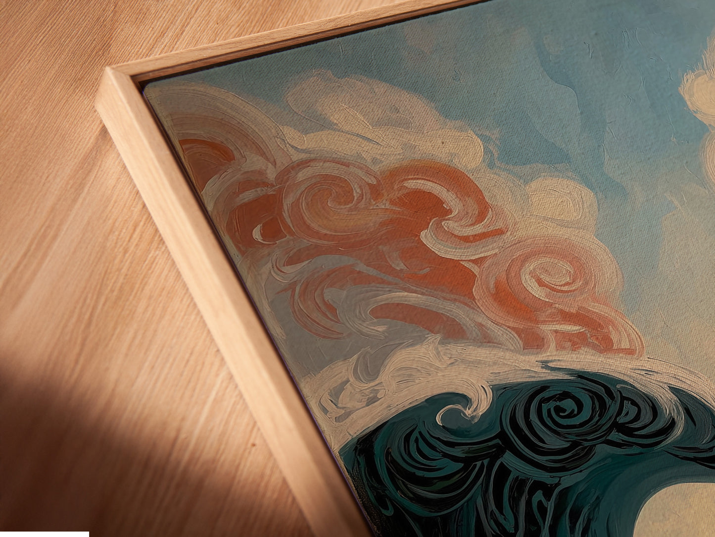 A close-up angled view reveals a canvas print. It is displayed in a floating frame. The frame adds depth and dimension. The artwork appears to float within the frame. This creates a stunning visual effect. Enhance your art with this modern style.