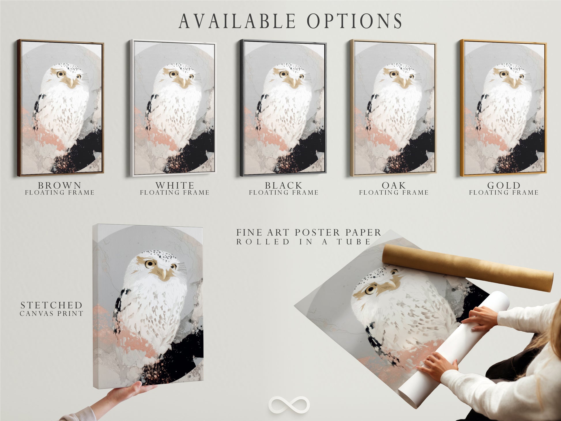 Explore the available options for the white owl artwork. Choose from a stretched canvas print or fine art poster paper. Consider a floating frame to enhance the piece. Find the perfect combination for your home decor style. Shop now and customize your wildlife wall art.
