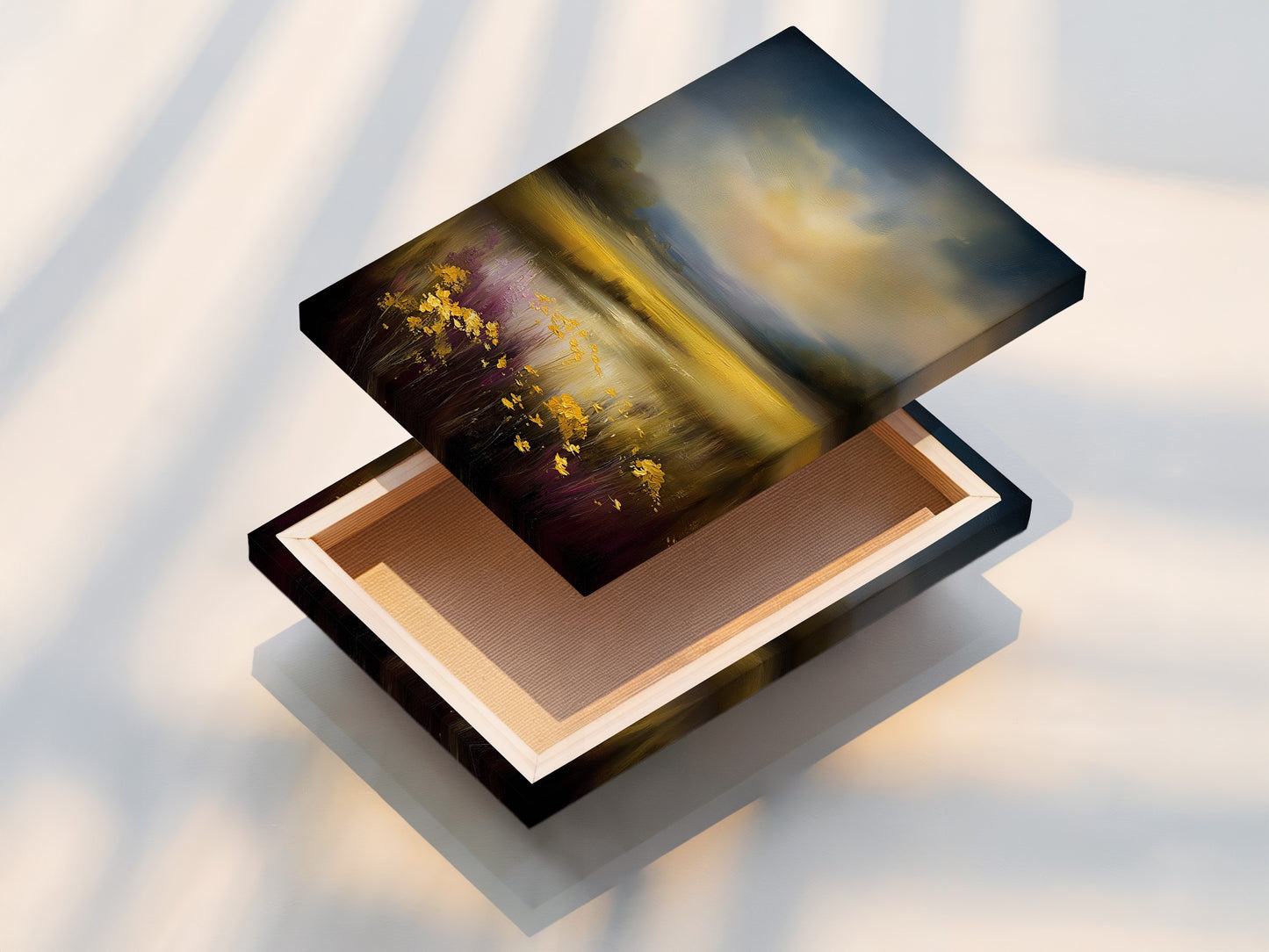 This is a stretched canvas print featuring a golden meadow. The artwork is ready to hang and enjoy. The stretched canvas provides a clean and modern look. It enhances any living space with its beauty.