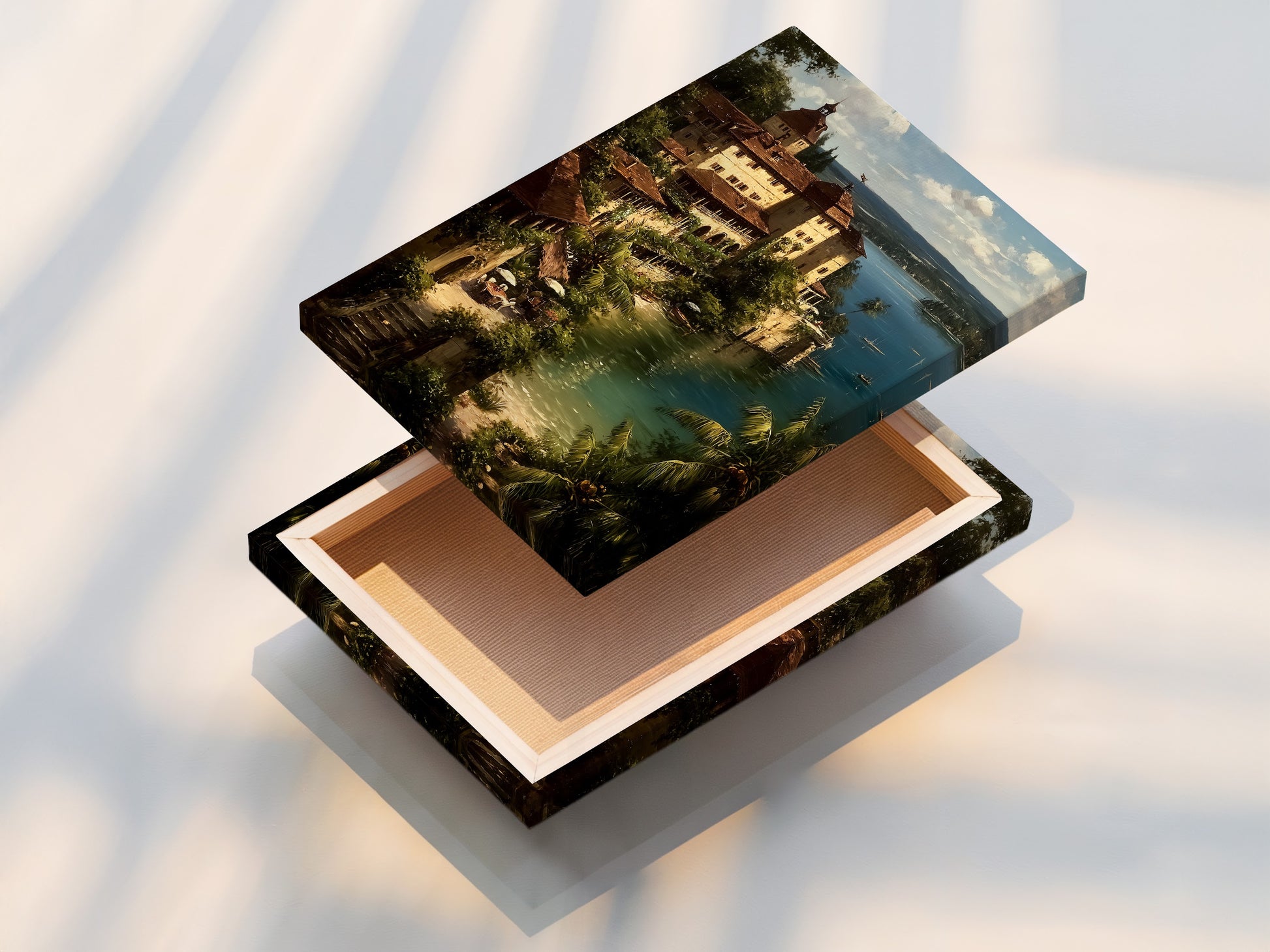 This is a stretched canvas print featuring a coastal village scene. The Mediterranean Sea wall art is ready to hang. It brings vintage Italian Riviera charm to your home. The stretched canvas provides a gallery-worthy finish.