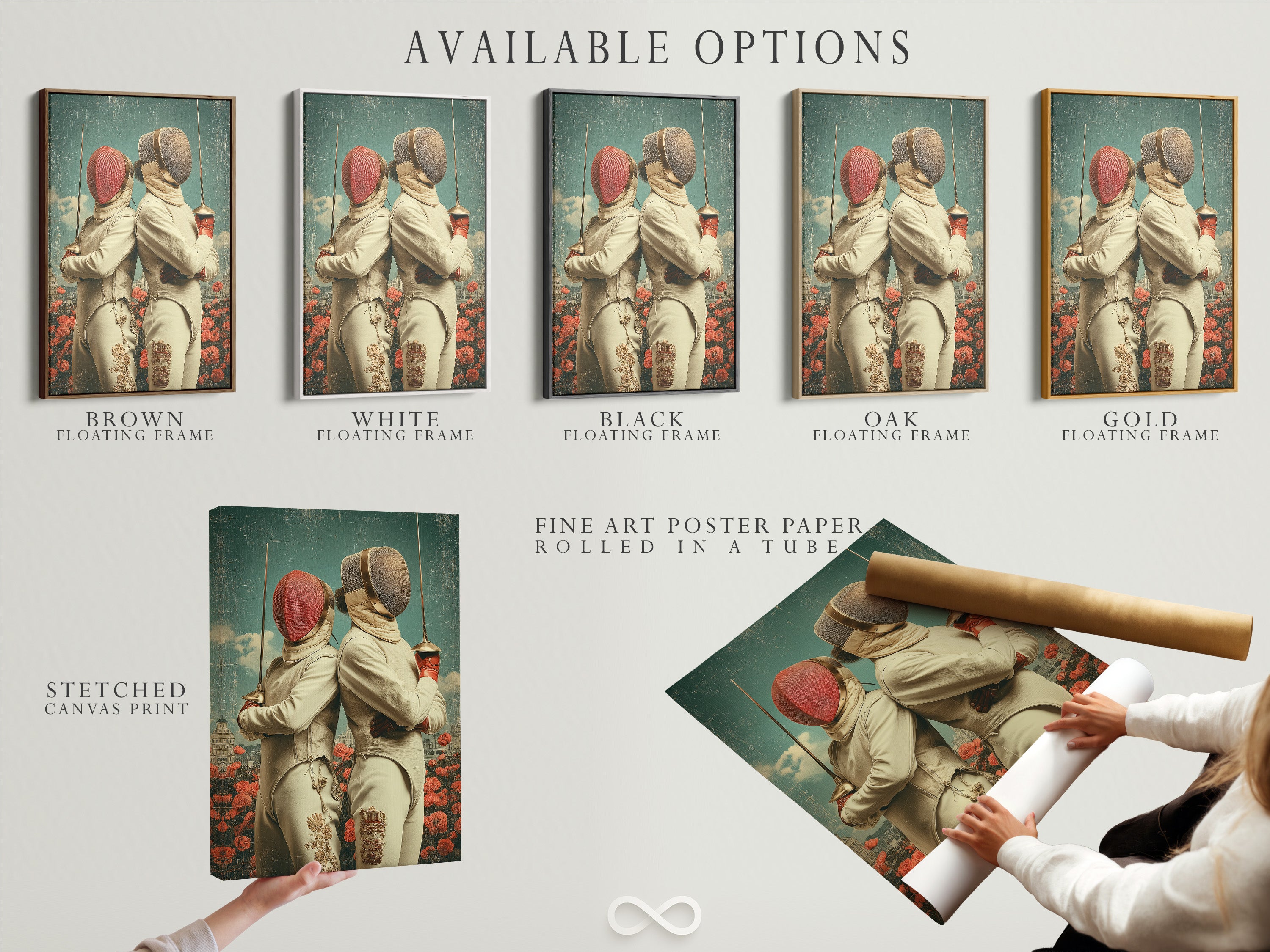 Available options are showcased in this image. Choose from a stretched canvas print fine art poster paper or a floating frame. All display the vintage fencing artwork. Find the perfect style for your sports room.