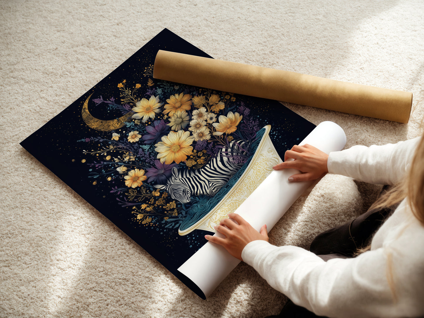 A woman is carefully rolling a fine art poster paper. The paper features the floral moon art. This ensures the artwork is protected during shipping. Get your own zebra art and bring a touch of whimsy to your home. Shop animal art prints now for your bathroom wall decor.