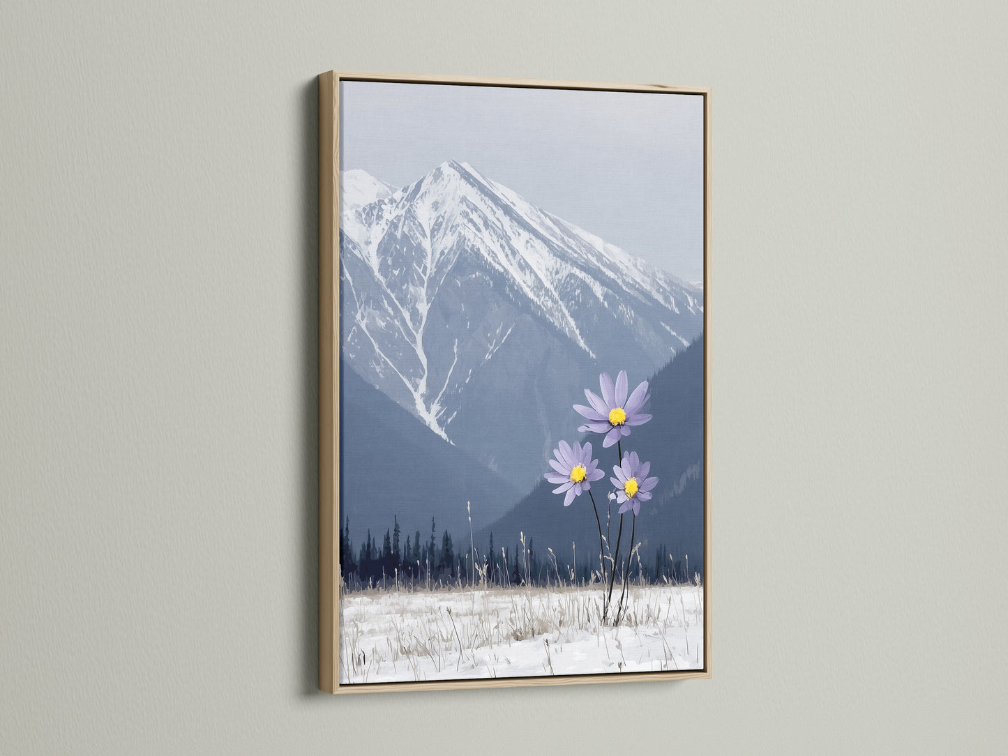 The mountain flower artwork is presented in a stylish oak frame. The winter landscape poster features snowy mountains and delicate lilac flowers. It's perfect bedroom wall decor. This piece adds modern flair and natural beauty to any room.