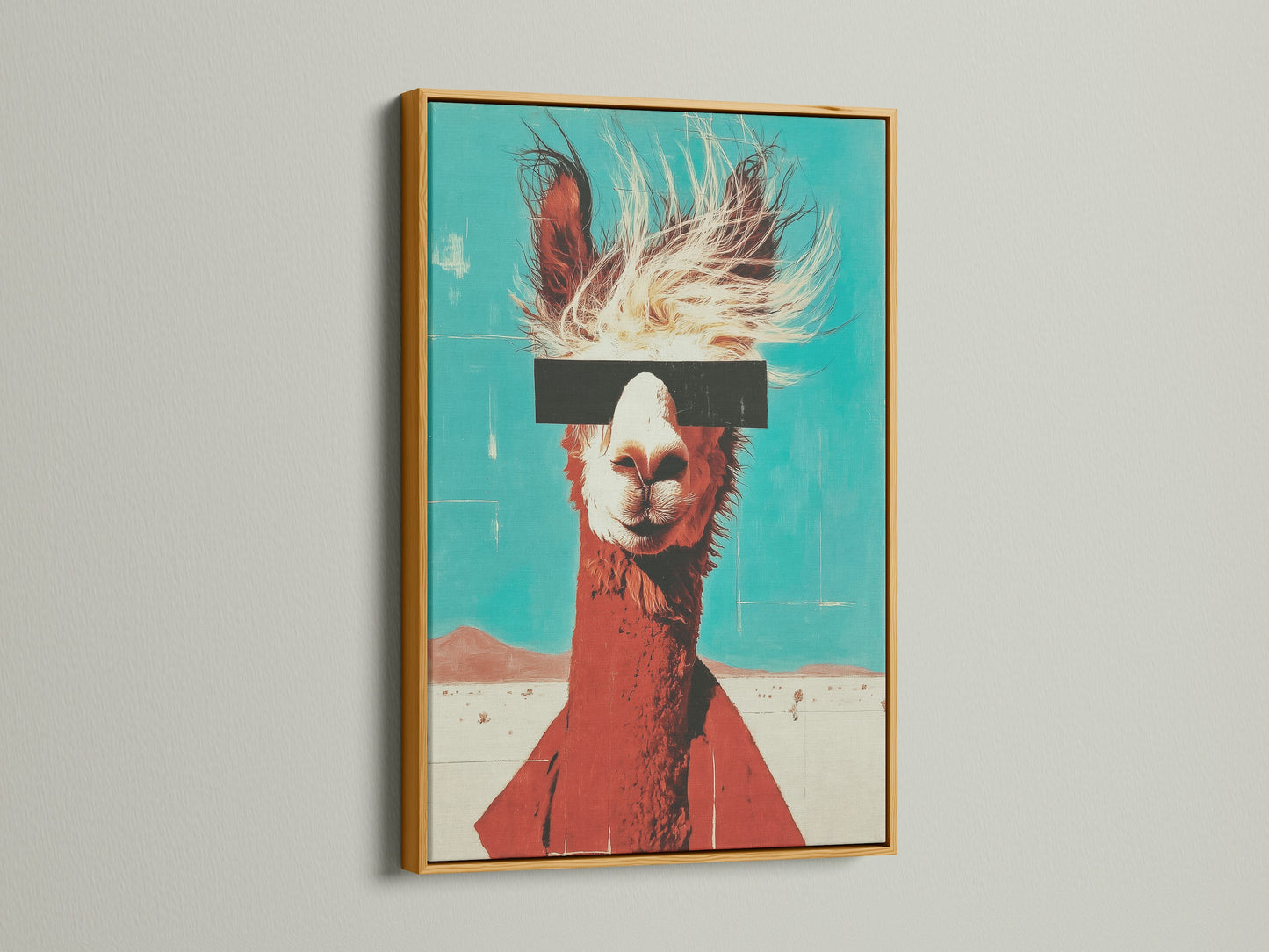 Llama canvas print in a gold frame. The gold frame adds elegance to the quirky artwork. Retro teal and orange modern art stands out. It is perfect for a studio or living room.