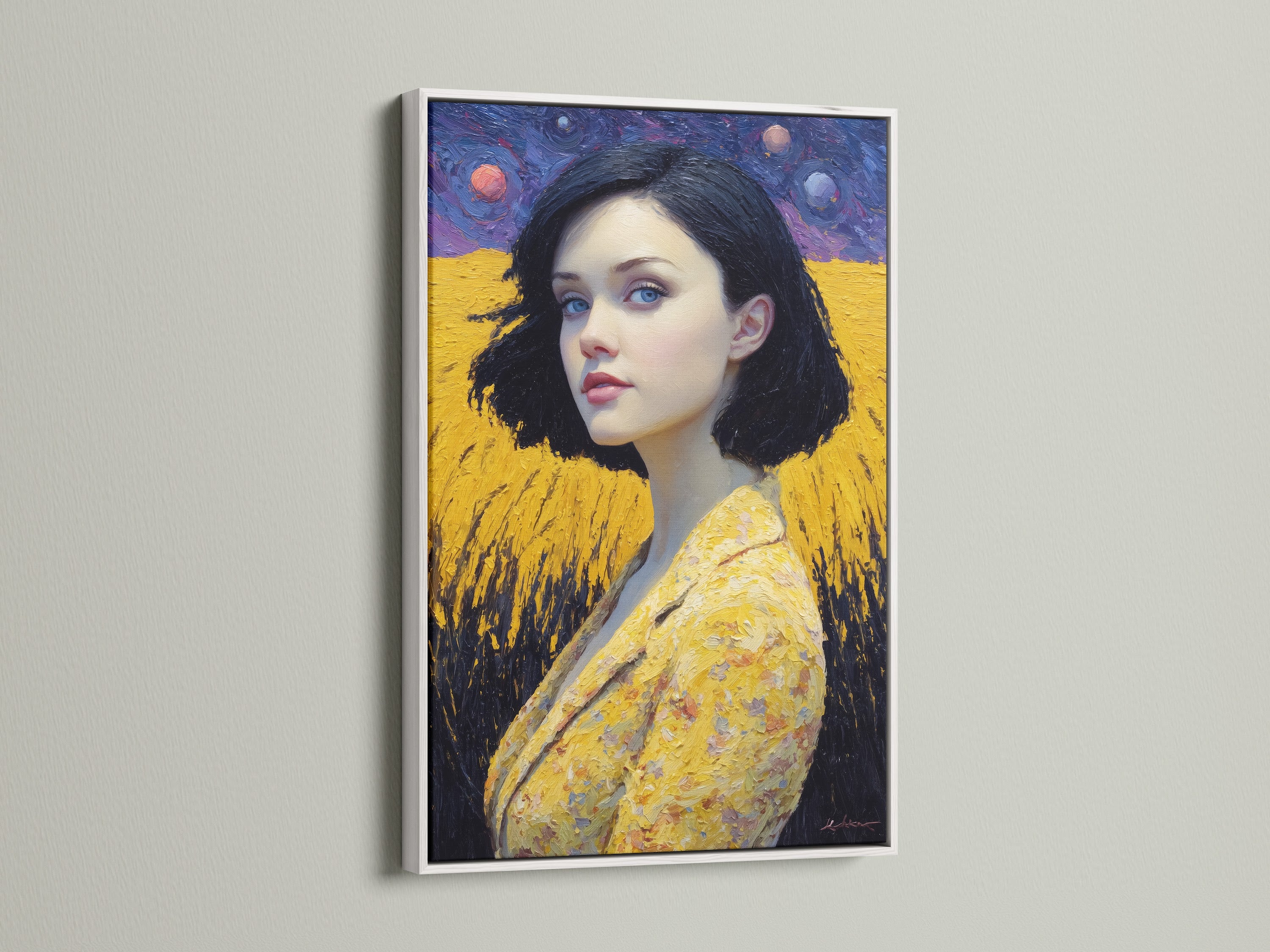 This contemporary art piece features angel wings and a female figure in a white frame. The golden yellow and purple hues create a modern look. This artwork is perfect for bedroom wall decor. It is ideal for living room art and stylish lobbies. This modern portrait will elevate any space with its celestial decor.