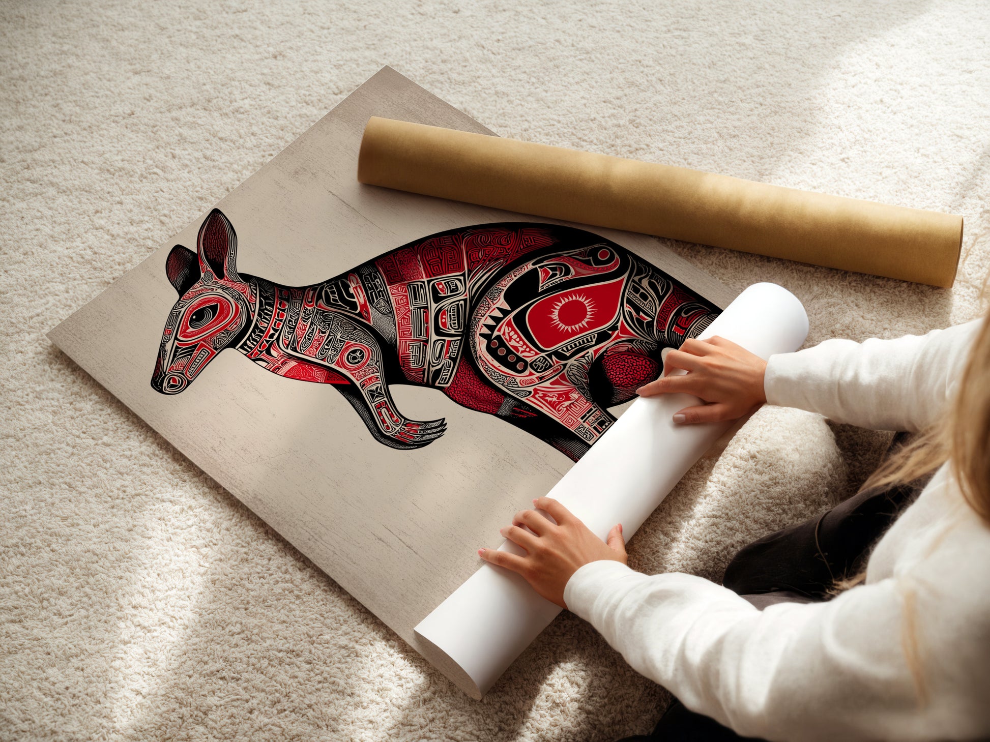 A woman carefully rolls a fine art poster paper. The paper features the Aboriginal Kangaroo artwork. The poster showcases intricate tribal animal art. The red and black details are preserved. This fine art poster is ideal for art collectors.