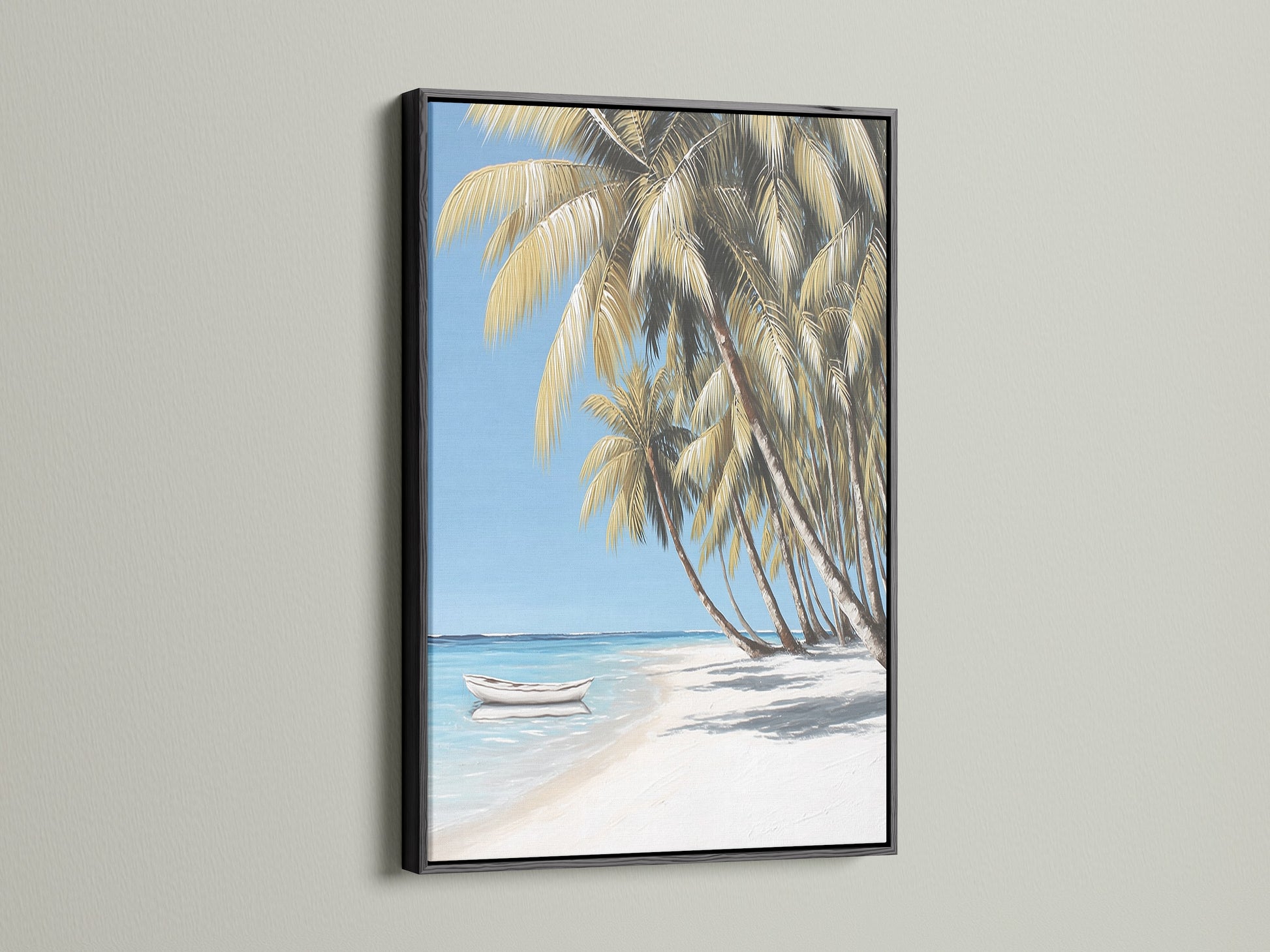 Seascape wall art with a black frame showcasing a tropical beach. The artwork includes palm trees a white sand beach and a boat in blue water. Enhance your office or spa with this calming and elegant coastal art.