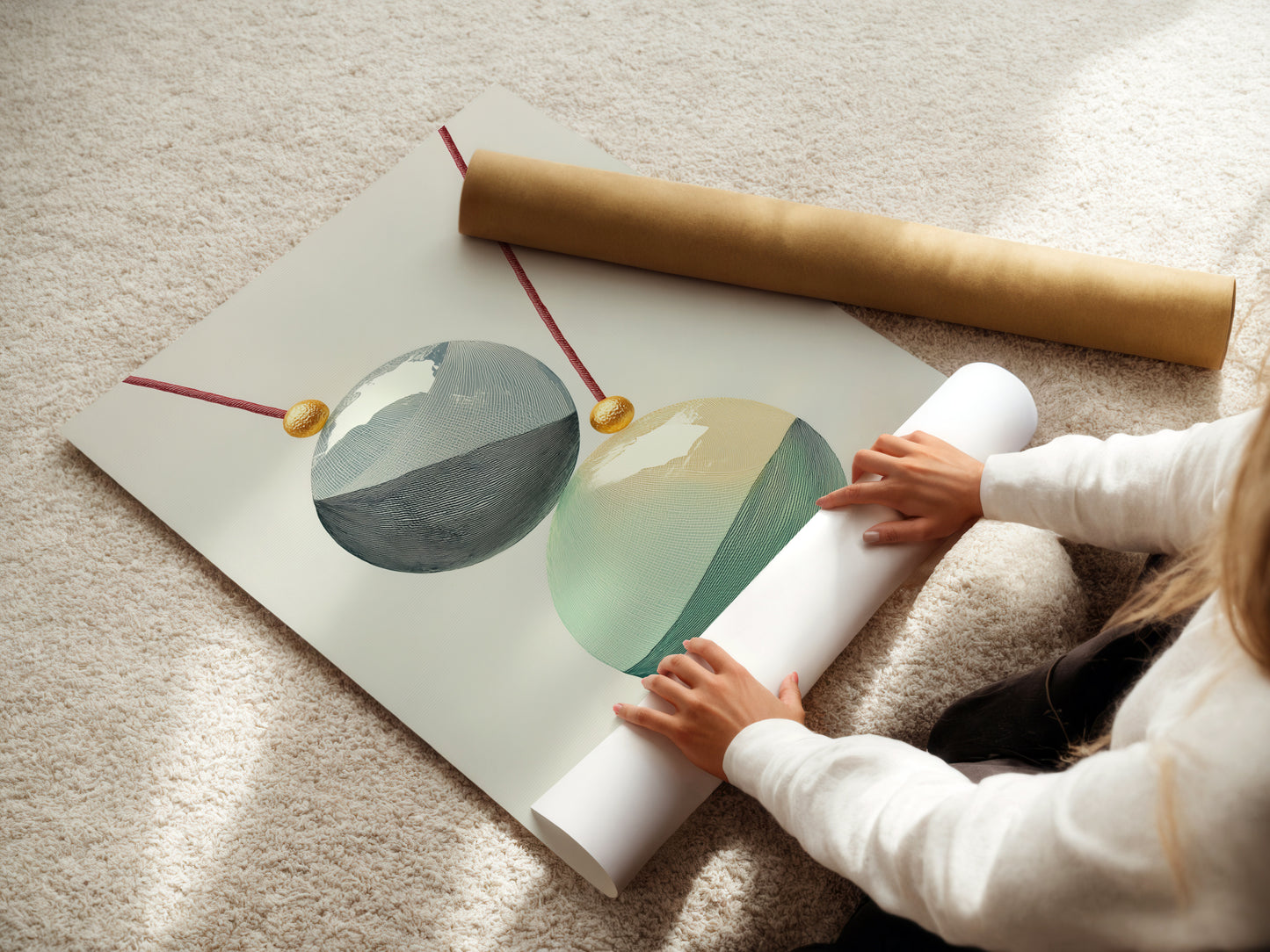 A woman carefully rolling a fine art poster paper print of Geometric Spheres. This abstract artwork is perfect for modern interiors. The teal and gold accents add a touch of elegance. Ideal for minimalist and Scandinavian styles. Enhance your space with this sphere print.