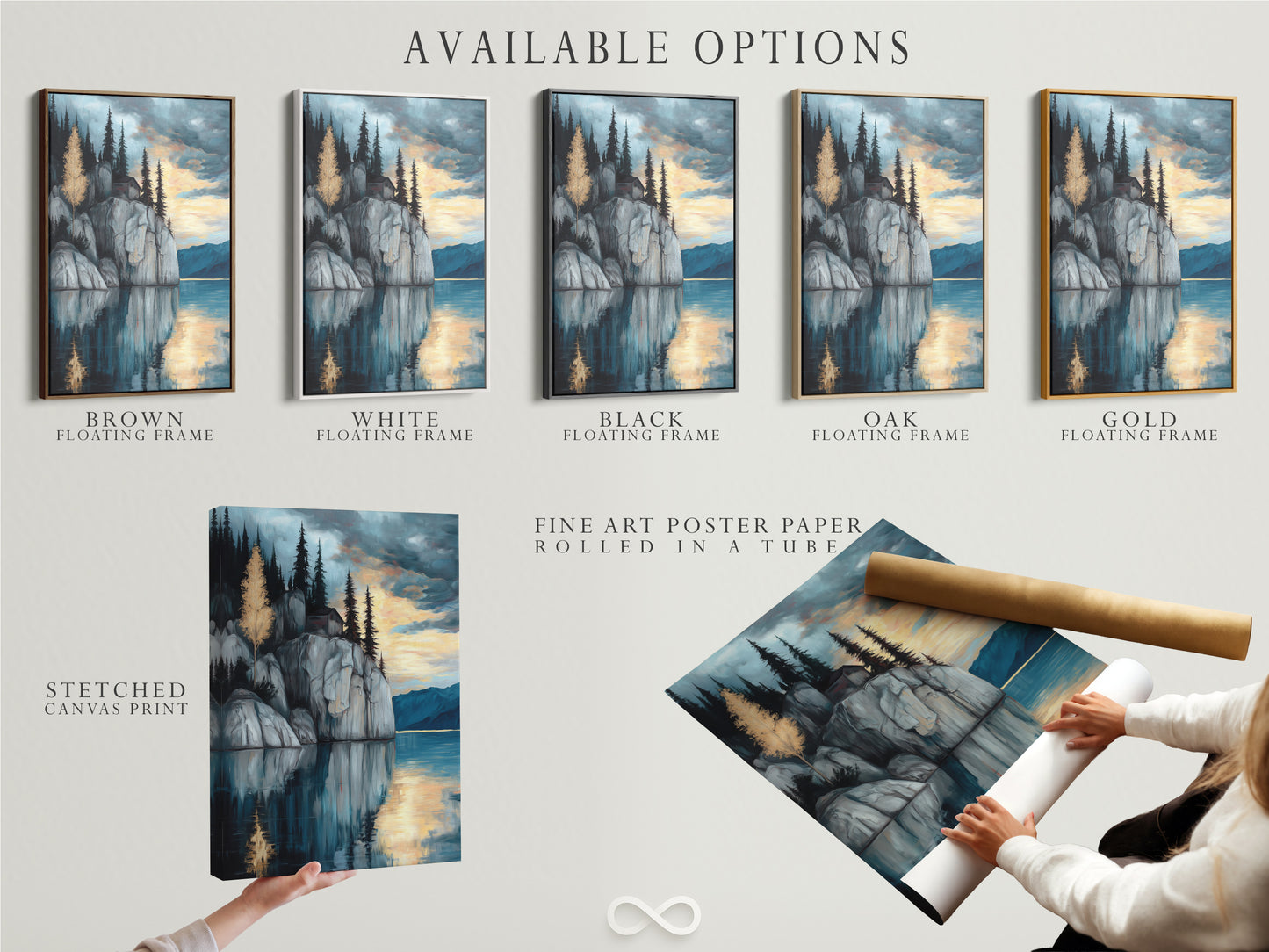 Available options for the Lakeside Cliff artwork including a stretched canvas print fine art poster paper and floating frame. Choose the perfect format for your serene mountain wall art. This moody landscape artwork features blue and gray tones. Elevate your living room bedroom or office.