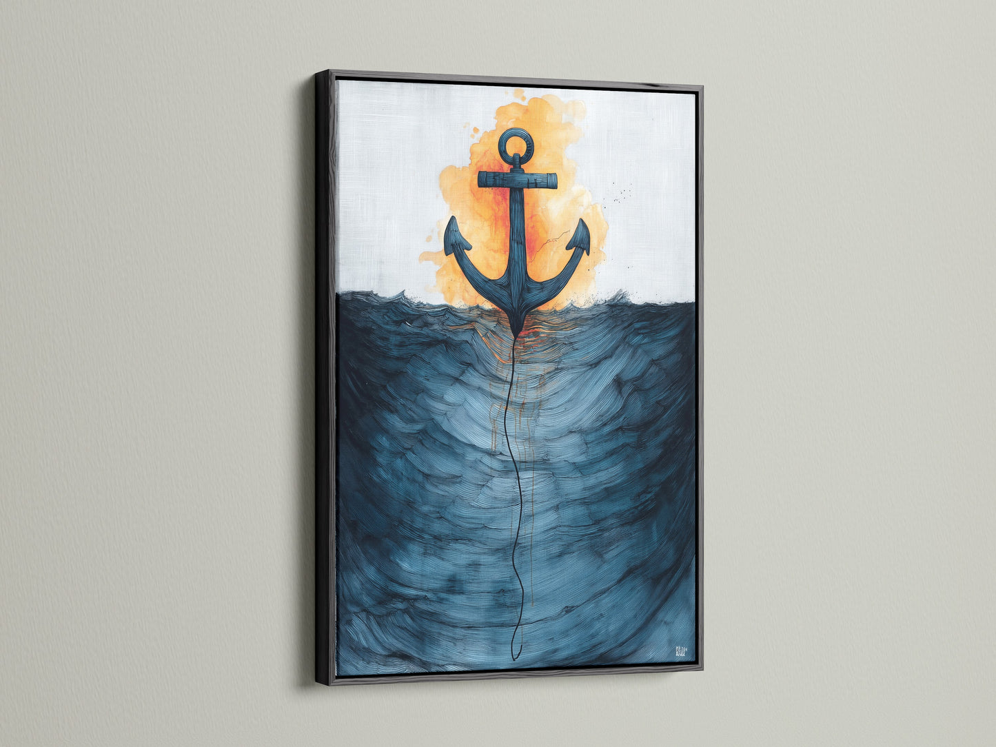 View our anchor artwork in a sleek black frame. The art features an anchor and ocean waves. The black frame provides a modern contrast. Enhance your living room wall art with this striking piece. Find your perfect ocean art today.