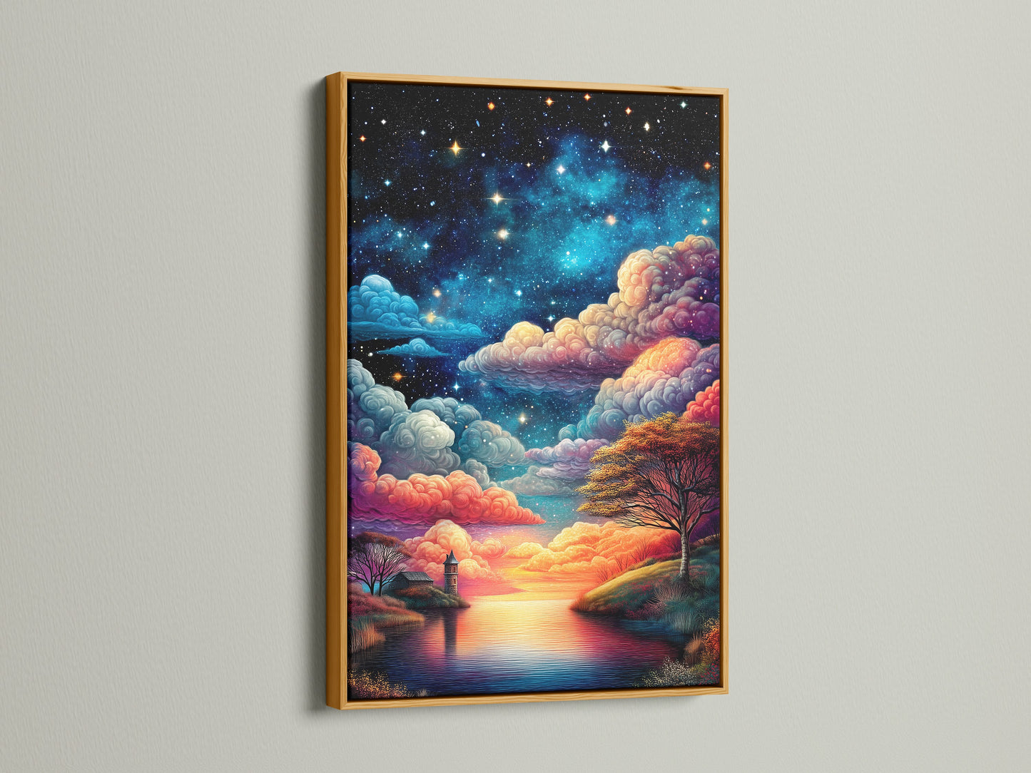 Starry Night celestial artwork in a gold frame. The lake landscape print creates a serene atmosphere. The night sky print brings a dreamy touch to your decor. Elevate your space with this modern piece. This artwork is perfect for lobbies