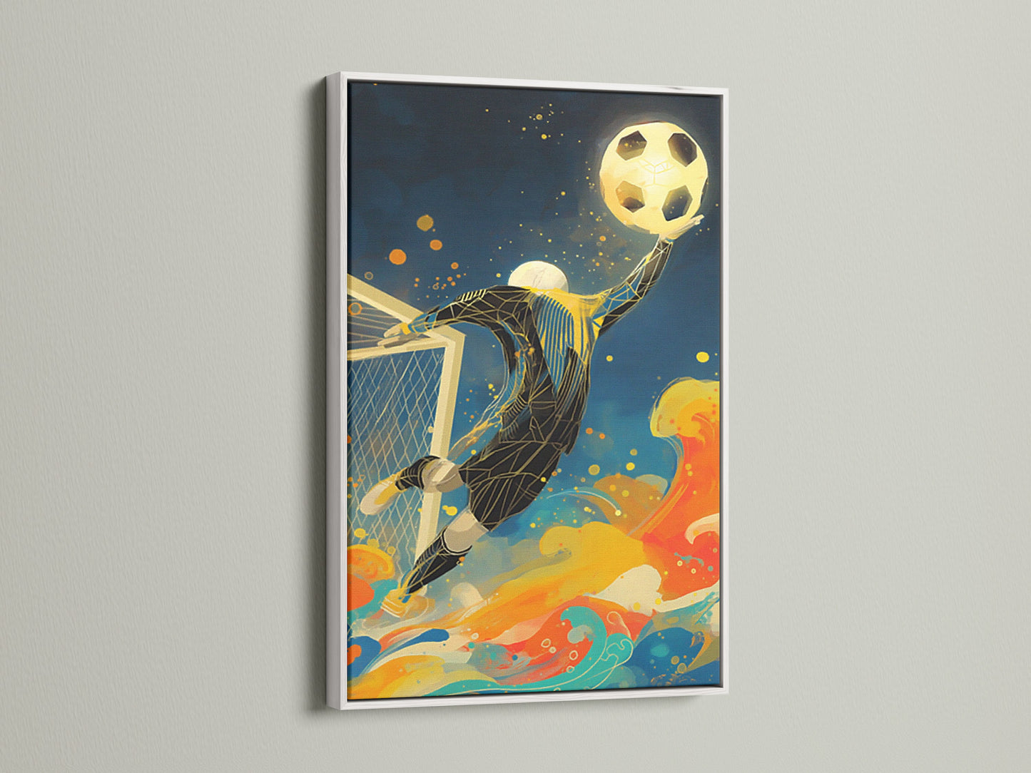 Here is a soccer goalkeeper artwork in a clean white frame. The frame accentuates the vivid colors of the sports canvas art. Perfect for adding a fresh sporty touch to a boy's room decor. It creates a lively atmosphere.