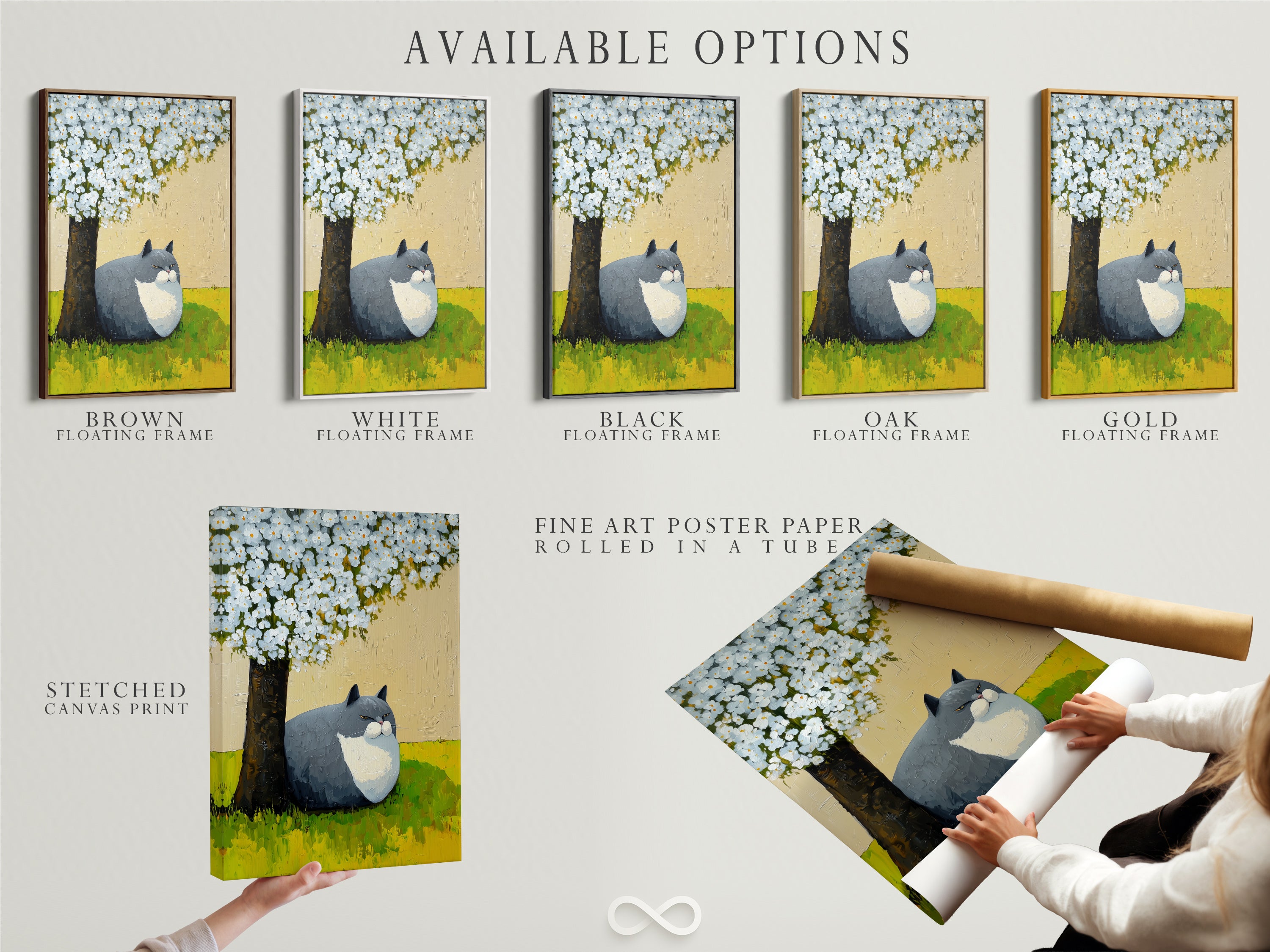 Explore the available options for this cat under tree artwork. Options include stretched canvas prints fine art poster paper and floating frames. Find the perfect style for your animal canvas print. The spring blossom art enhances any room style.