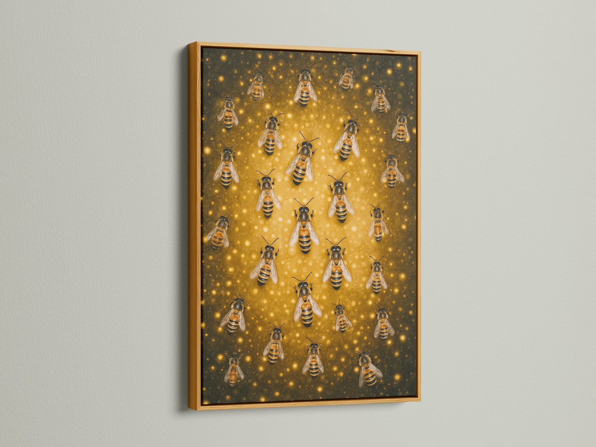 A honey bee artwork is displayed in a gold frame. The frame complements the gold insect wall art. It enhances the artwork's luxurious feel. This framed canvas print adds glamour to your office or home space. Perfect gift for a bee lover.
