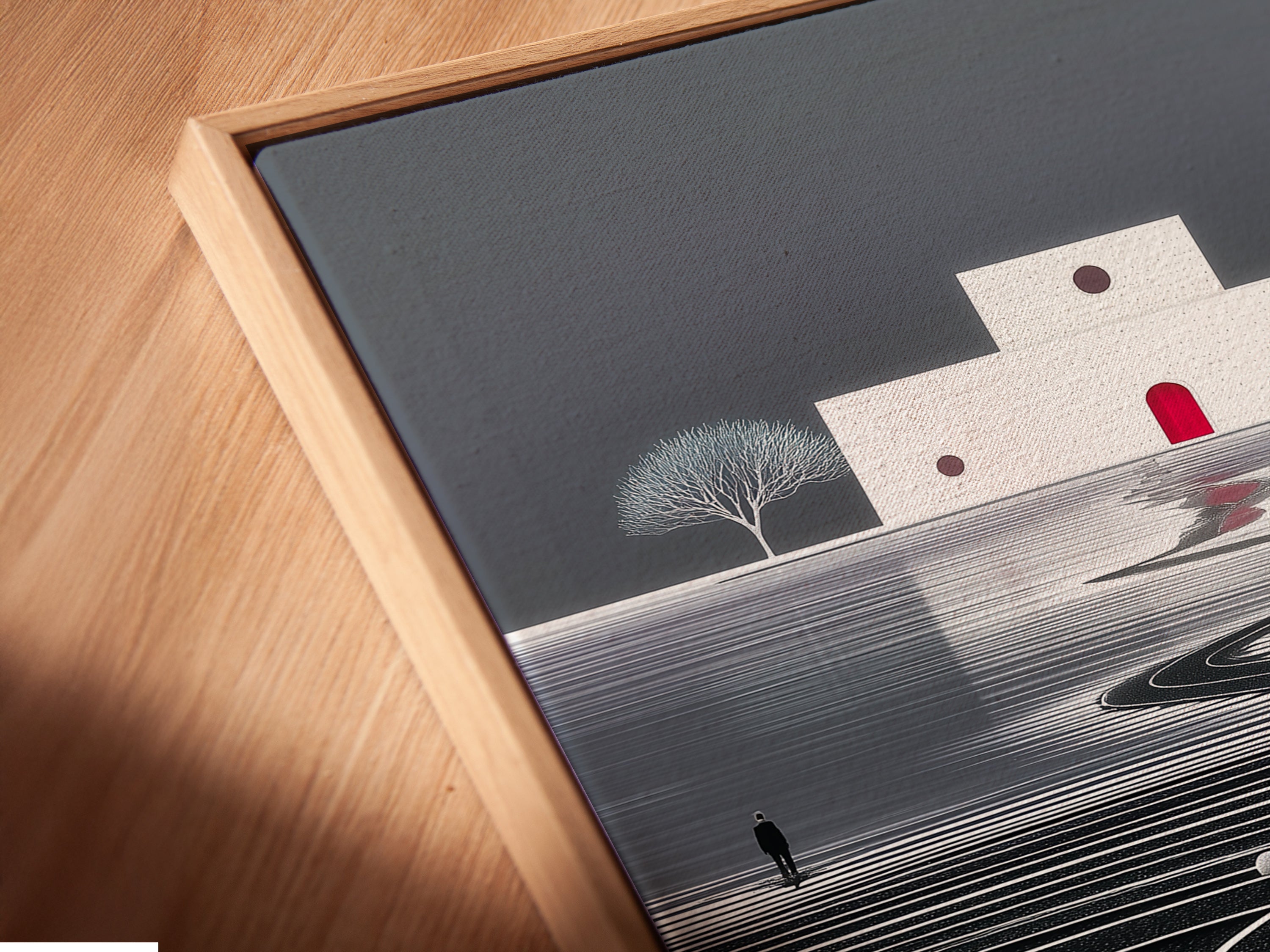 A close-up reveals the canvas print in a floating frame. The artwork features a surreal landscape. It is a modern minimalist piece. The frame enhances the contemporary feel perfect for zen home decor.