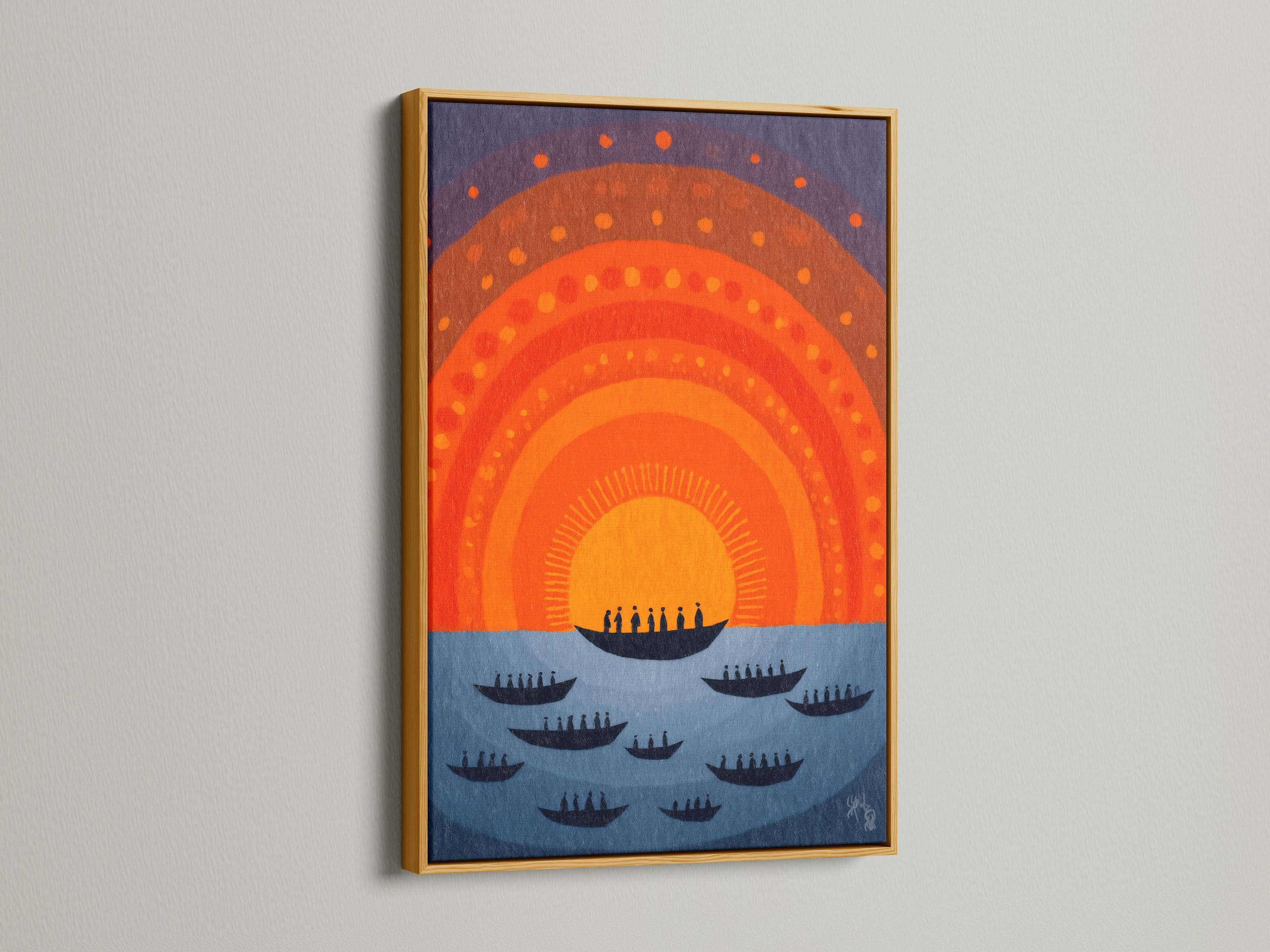 Sunset Boats canvas art showcased in a gold frame. This adds a touch of elegance and sophistication to the nautical wall art. Enhance your home decor with this vibrant orange and blue art. It's ideal for creating a boho wall.