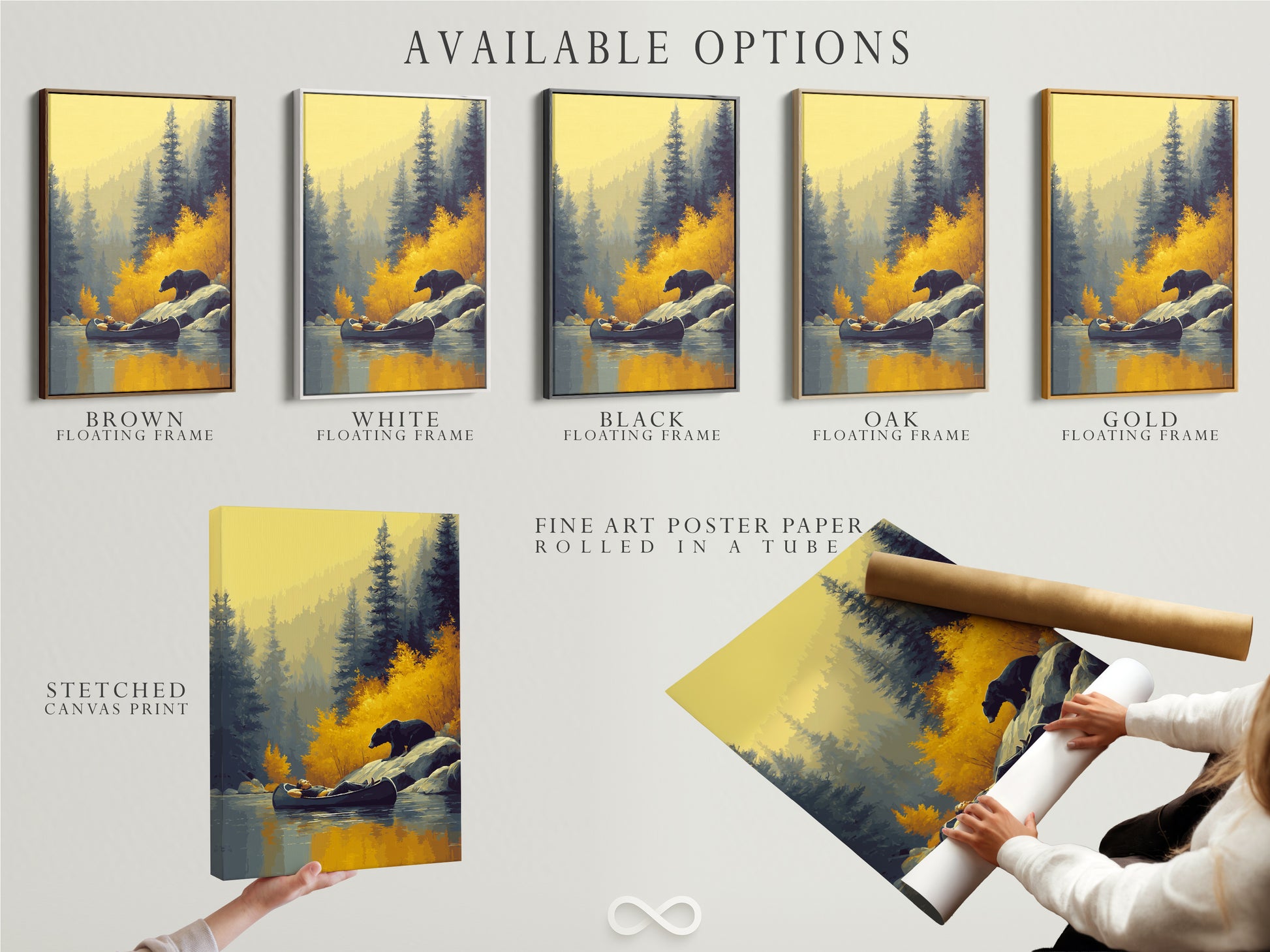 Explore available options for the bear and canoe artwork. Options include a stretched canvas print. Fine art poster paper and a floating frame are also available. Select the perfect medium to showcase this nature inspired artwork.