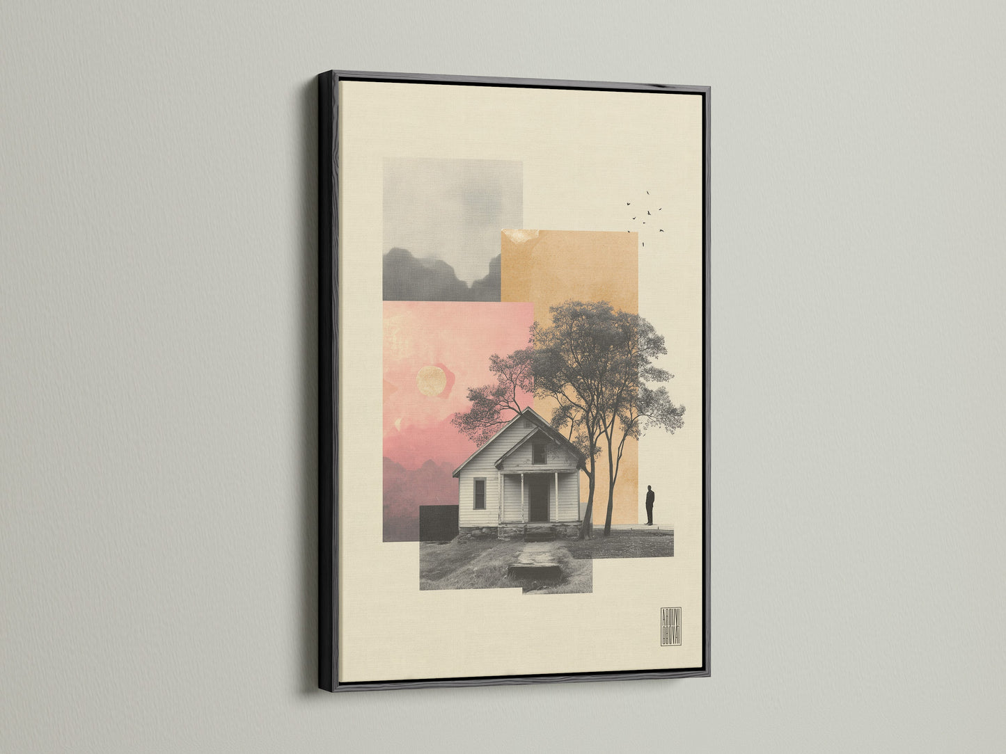 Artwork set in a black frame. The black frame provides a classic contrast. It makes the artwork stand out. This frame style suits various decor styles. It adds a touch of sophistication to the piece. It enhances any room.