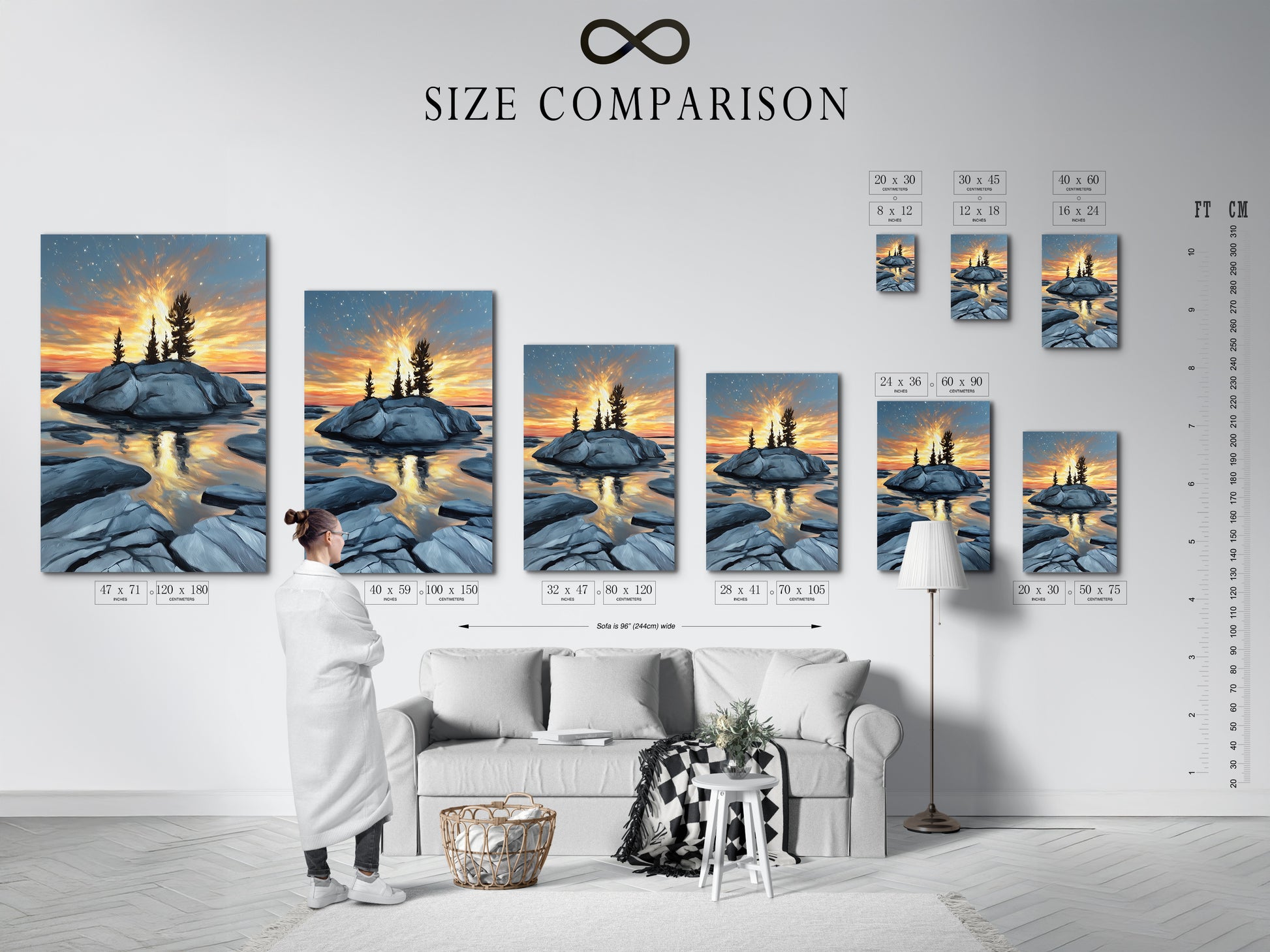 Size comparison chart in an interior setting featuring the coastal sunset artwork. Golden hour seascape photography brings a calming nature-inspired style. Perfect wall art for living rooms and bedrooms. Serene art