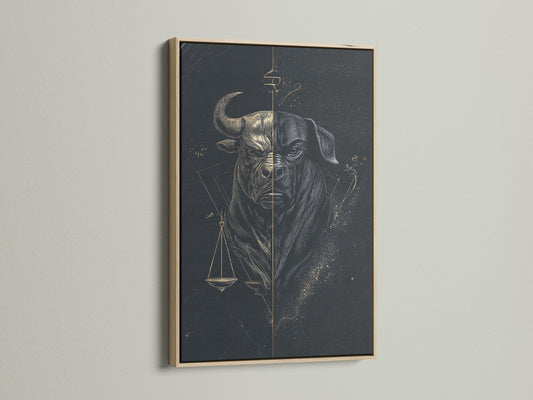 Enhance your law firm decor with the Bull Justice art print. This striking scales of justice canvas print is showcased in an oak frame. Perfect for adding a touch of sophistication to any office.