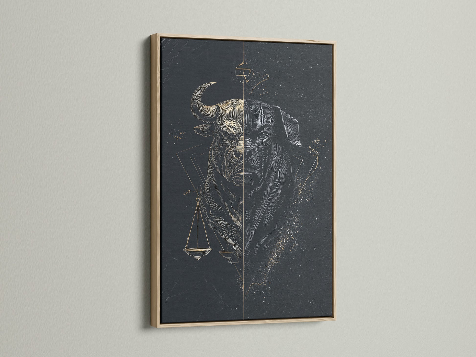 Enhance your law firm decor with the Bull Justice art print. This striking scales of justice canvas print is showcased in an oak frame. Perfect for adding a touch of sophistication to any office.